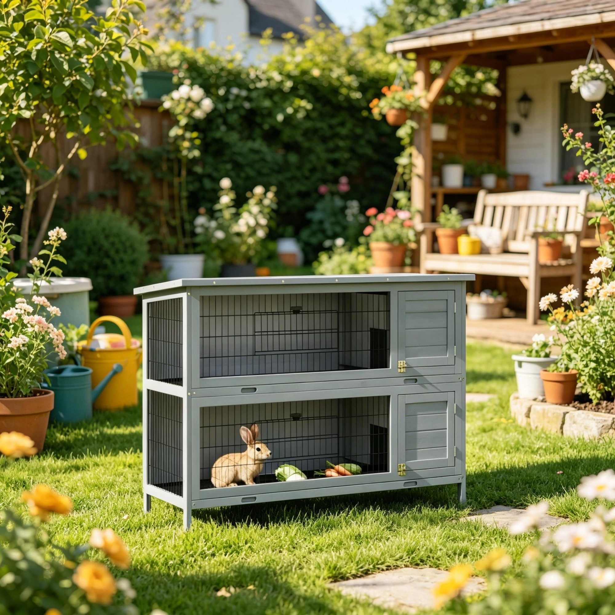 54" 2-Story Large Rabbit Hutch, Bunny Cage, Wooden Pet House, Small Animal Habitat, Gray with Lockable Doors, Tray, Roof view 7