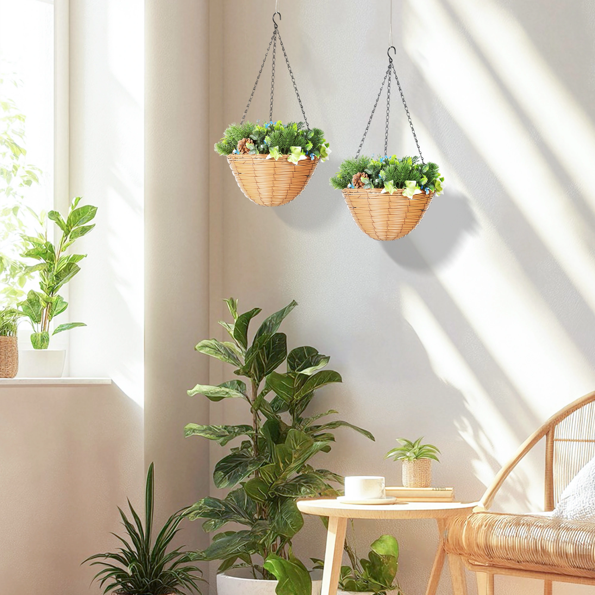 Artificial Hanging Basket, 16 Inch Fake Eucalyptus Wreath with Silk Greenery, Waterproof PVC Ivy Leaf Garland, Indoor Outdoor Wall Décor, Brown Wicker