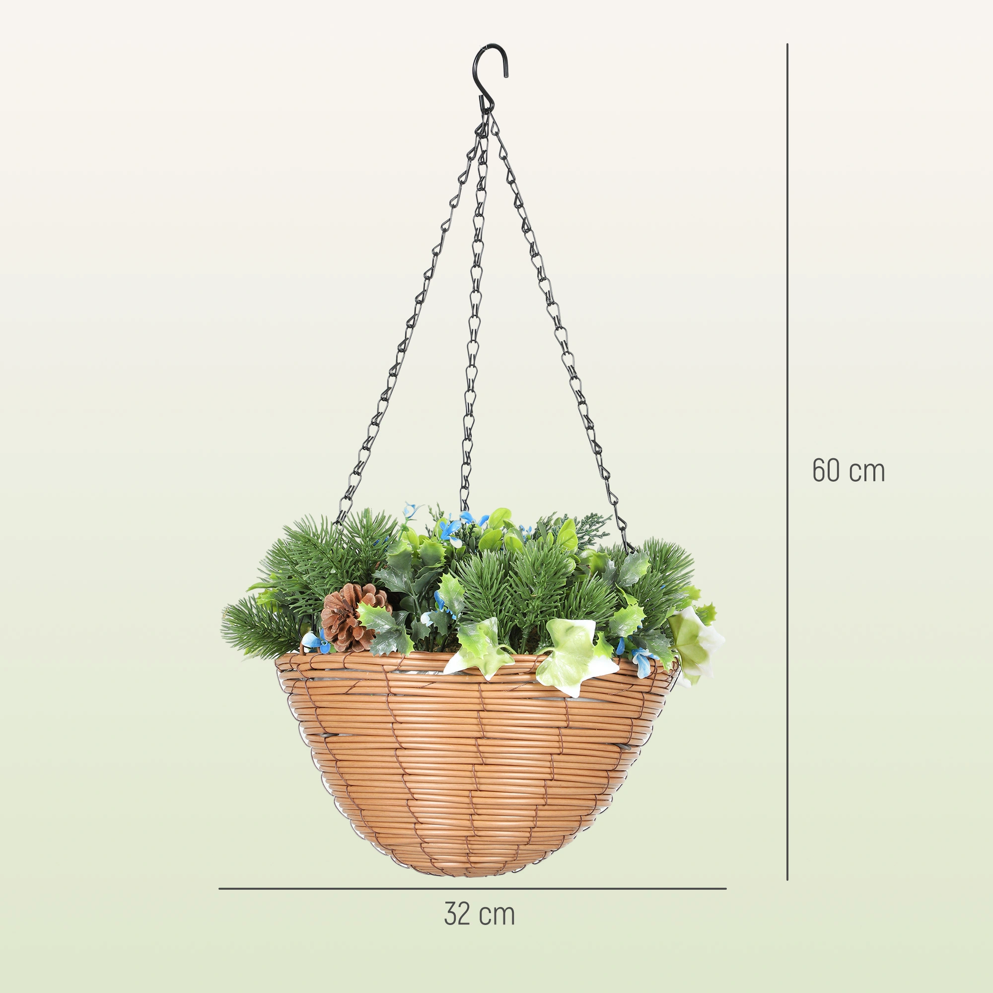 Artificial Hanging Basket, 16 Inch Fake Eucalyptus Wreath with Silk Greenery, Waterproof PVC Ivy Leaf Garland, Indoor Outdoor Wall Décor, Brown Wicker view 2