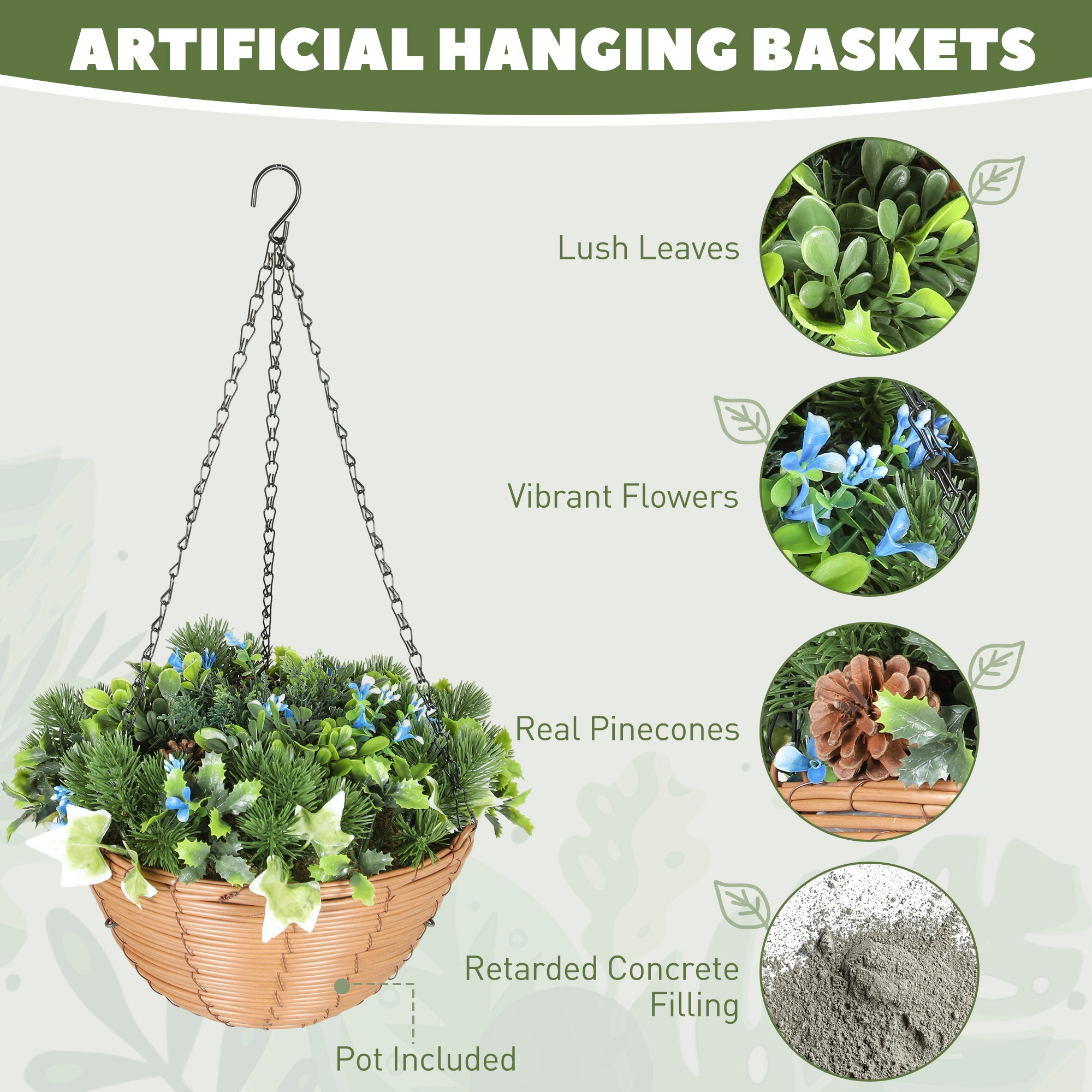 Artificial Hanging Basket, 16 Inch Fake Eucalyptus Wreath with Silk Greenery, Waterproof PVC Ivy Leaf Garland, Indoor Outdoor Wall Décor, Brown Wicker view 4