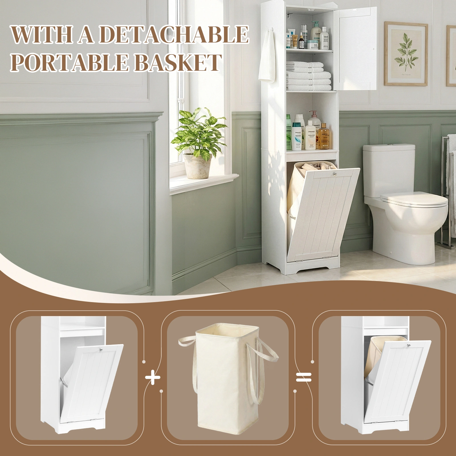 White melamine-faced particleboard, vertical grain, 40*40*180cm, 1 door + bottom flip-down drawer with non-woven storage bag, bathroom tall cabinet view 12