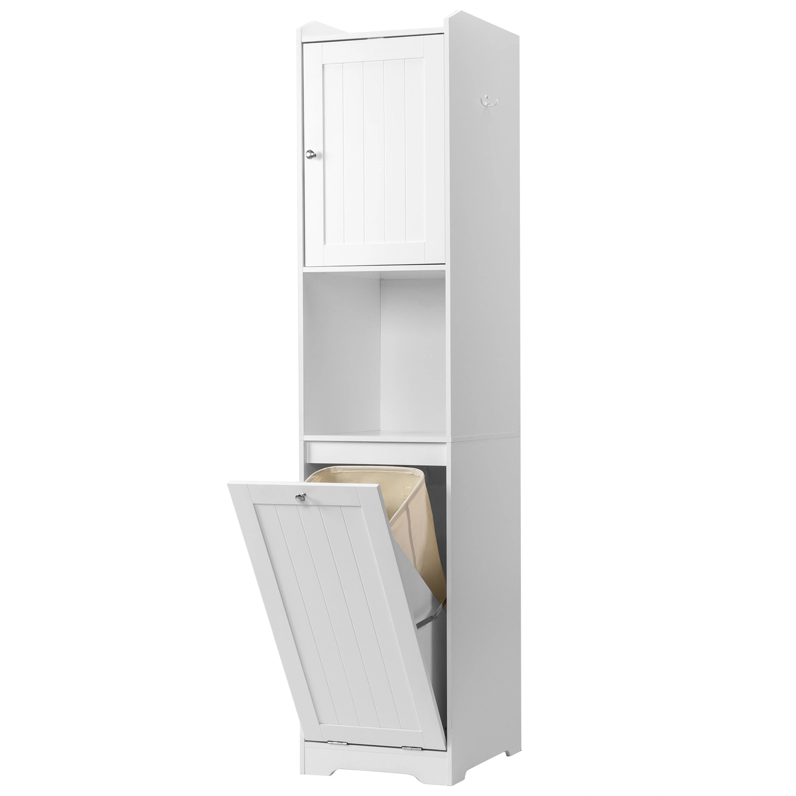 White melamine-faced particleboard, vertical grain, 40*40*180cm, 1 door + bottom flip-down drawer with non-woven storage bag, bathroom tall cabinet view 15