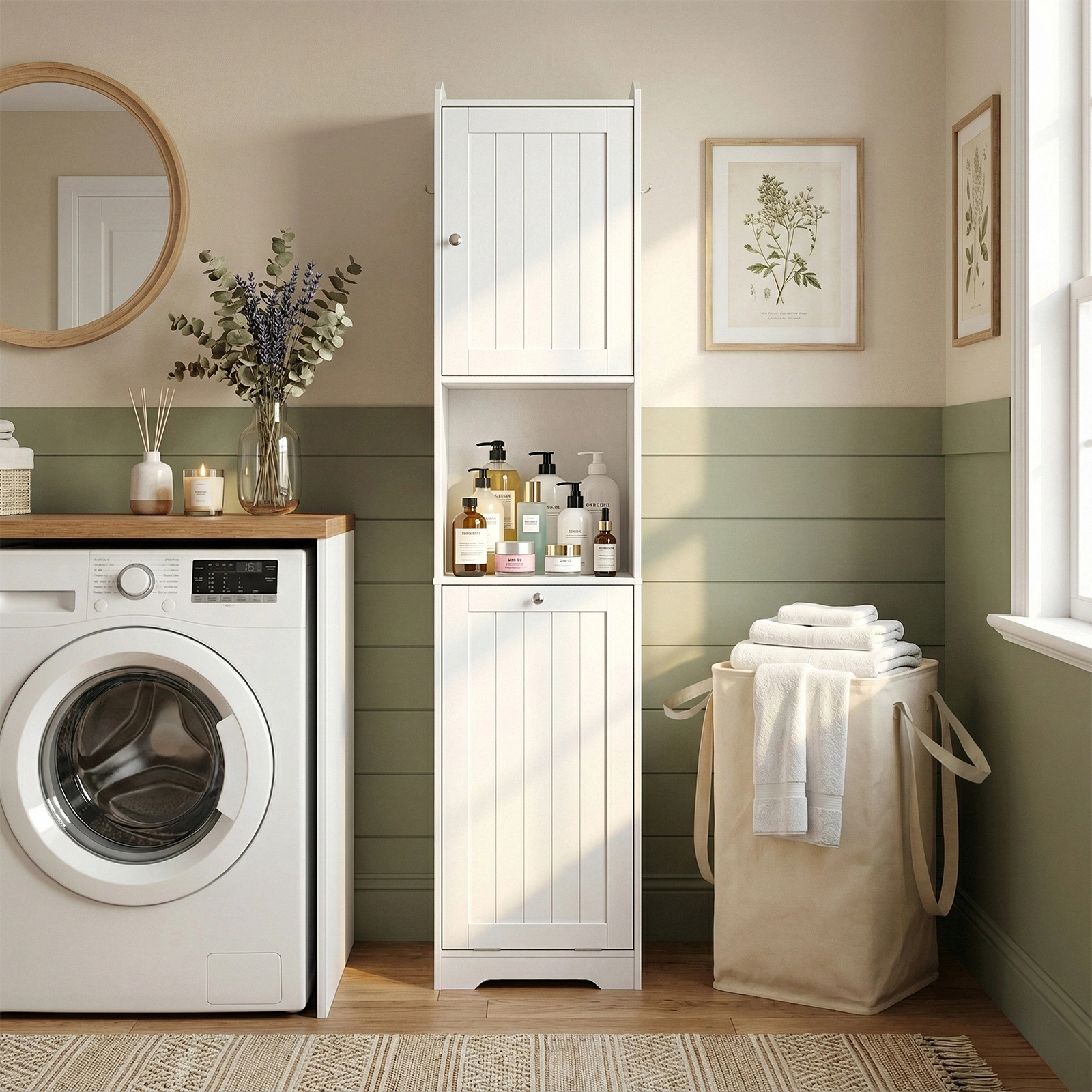 White melamine-faced particleboard, vertical grain, 40*40*180cm, 1 door + bottom flip-down drawer with non-woven storage bag, bathroom tall cabinet view 8
