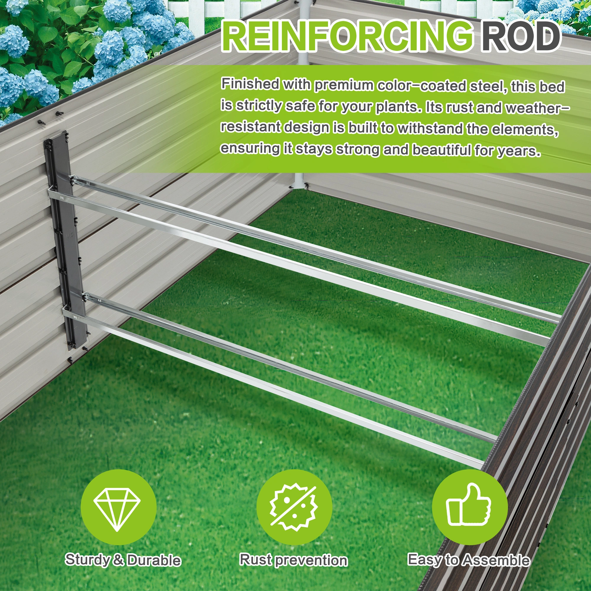 240x120x64cm Raised Garden Bed, Walnut Metal Planter Box, Rustproof Steel with Open Base Drainage & 4 Reinforcing Rods, Large Outdoor Flower Vegetable Herb Bed view 4