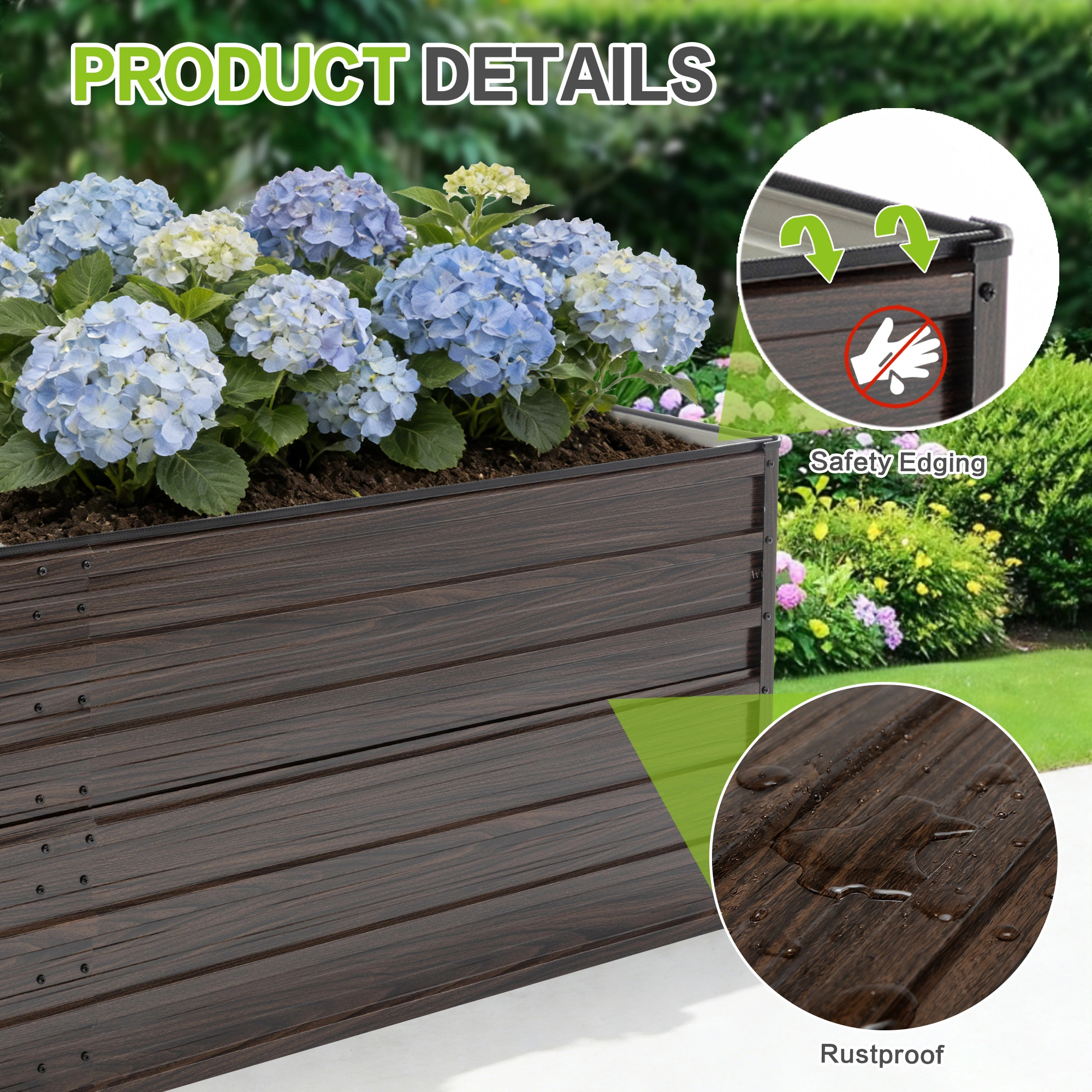 240x120x64cm Raised Garden Bed, Walnut Metal Planter Box, Rustproof Steel with Open Base Drainage & 4 Reinforcing Rods, Large Outdoor Flower Vegetable Herb Bed view 5