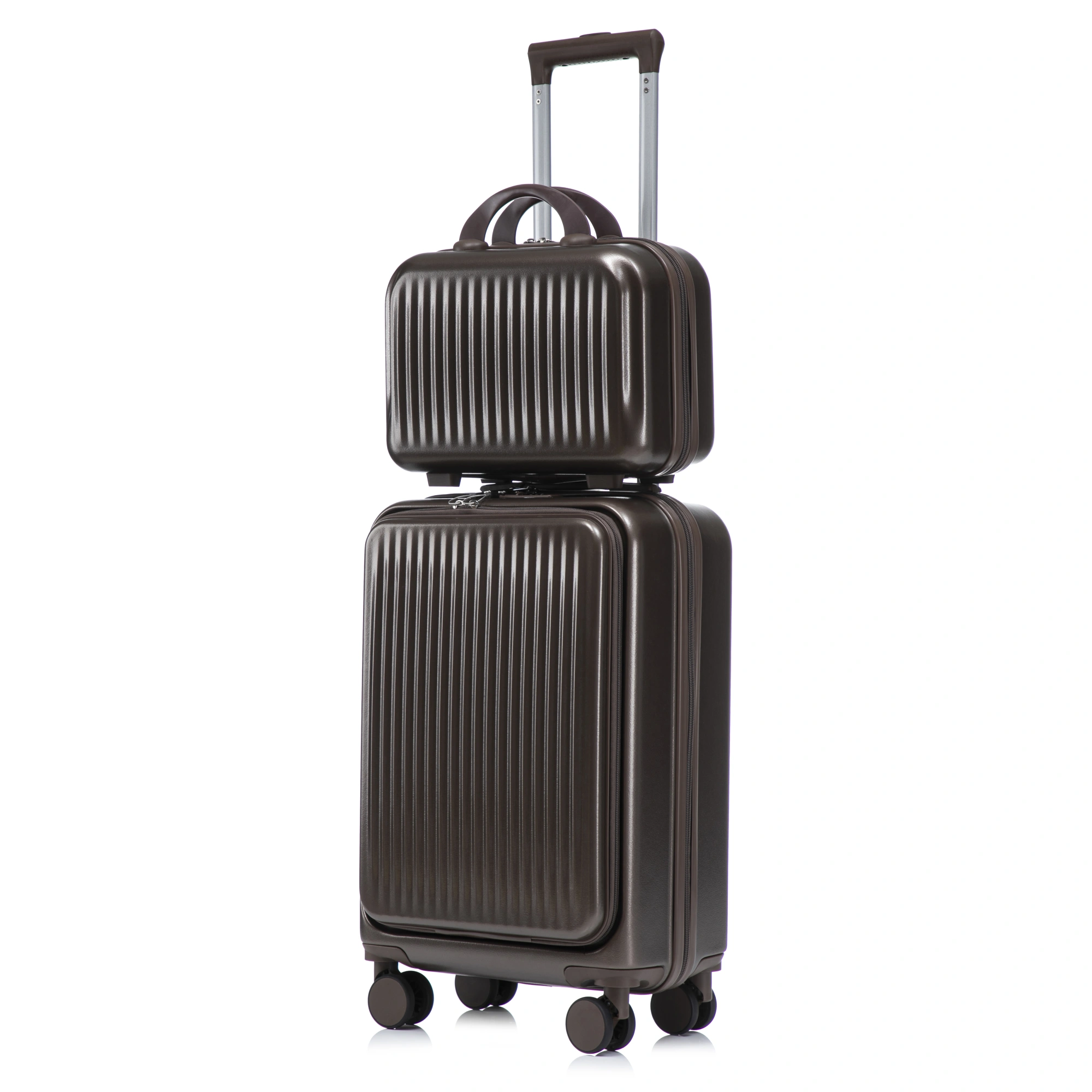 14" & 20" ABS Spinner Luggage Set, 2-Piece Hardside Suitcase with Combo Lock, Front Opening, 14" Cosmetic Case, Brown