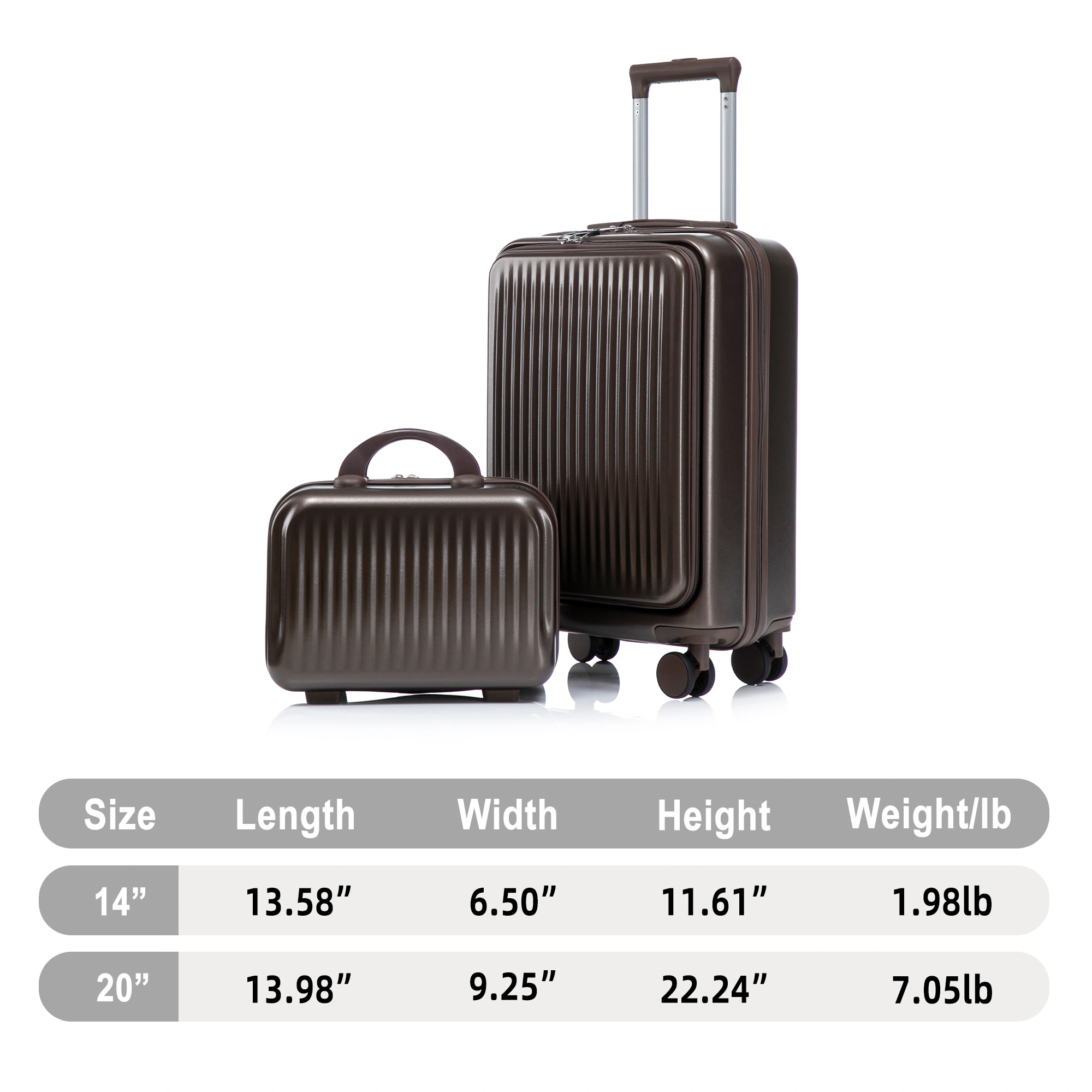 14" & 20" ABS Spinner Luggage Set, 2-Piece Hardside Suitcase with Combo Lock, Front Opening, 14" Cosmetic Case, Brown view 2