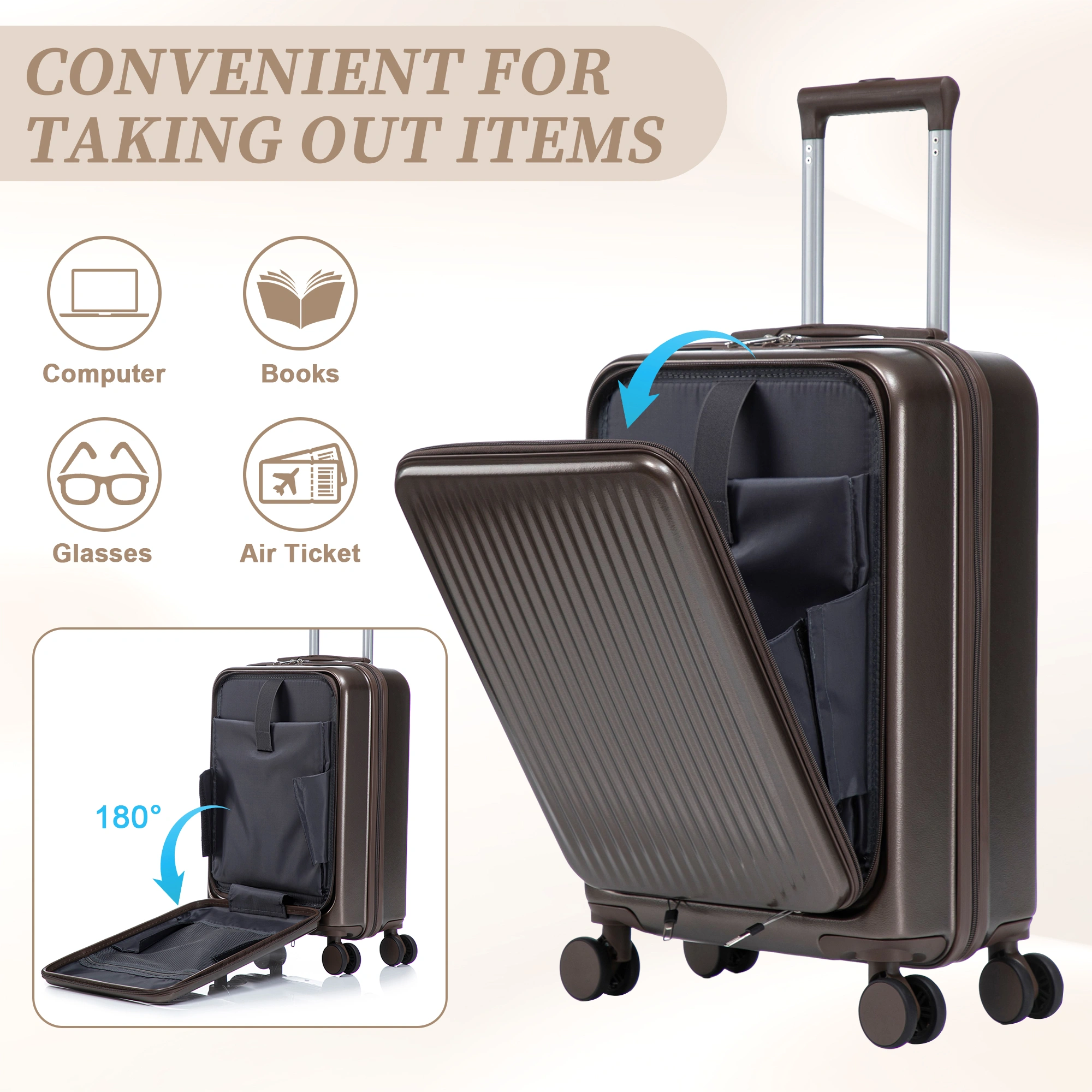 14" & 20" ABS Spinner Luggage Set, 2-Piece Hardside Suitcase with Combo Lock, Front Opening, 14" Cosmetic Case, Brown view 6