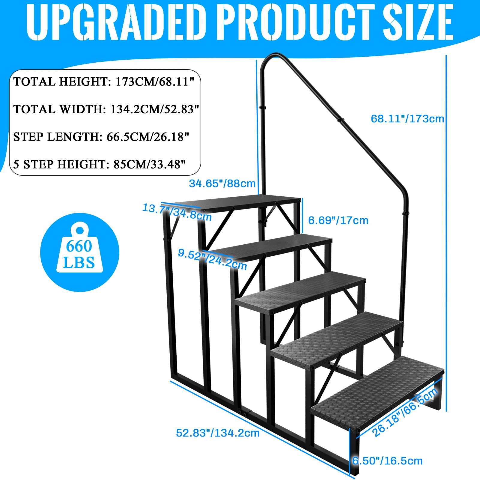 5-Step RV Stairs with Handrail, 660 lbs Heavy Duty Anti-Slip Ladder, Hot Tub Steps for 5th Wheel RV/Mobile Home/Spa/Porch view 2
