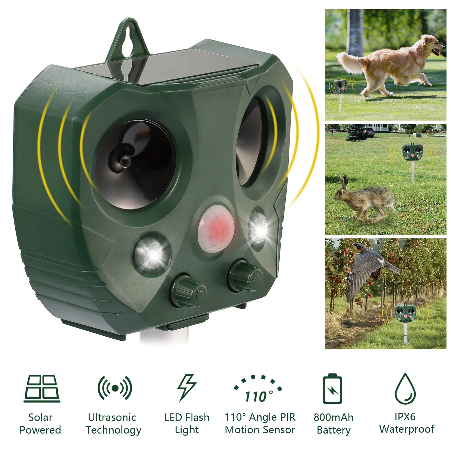 Upgraded Ultrasonic Animal Repeller, Solar Powered Pest Deterrent with PIR Motion Sensor, LED Flashing Light, IPX6 Waterproof, Dual Speakers 5000 Sq.ft Coverage, Repel Cat Dog Squirrel Raccoon Deer for Yard Garden view 12