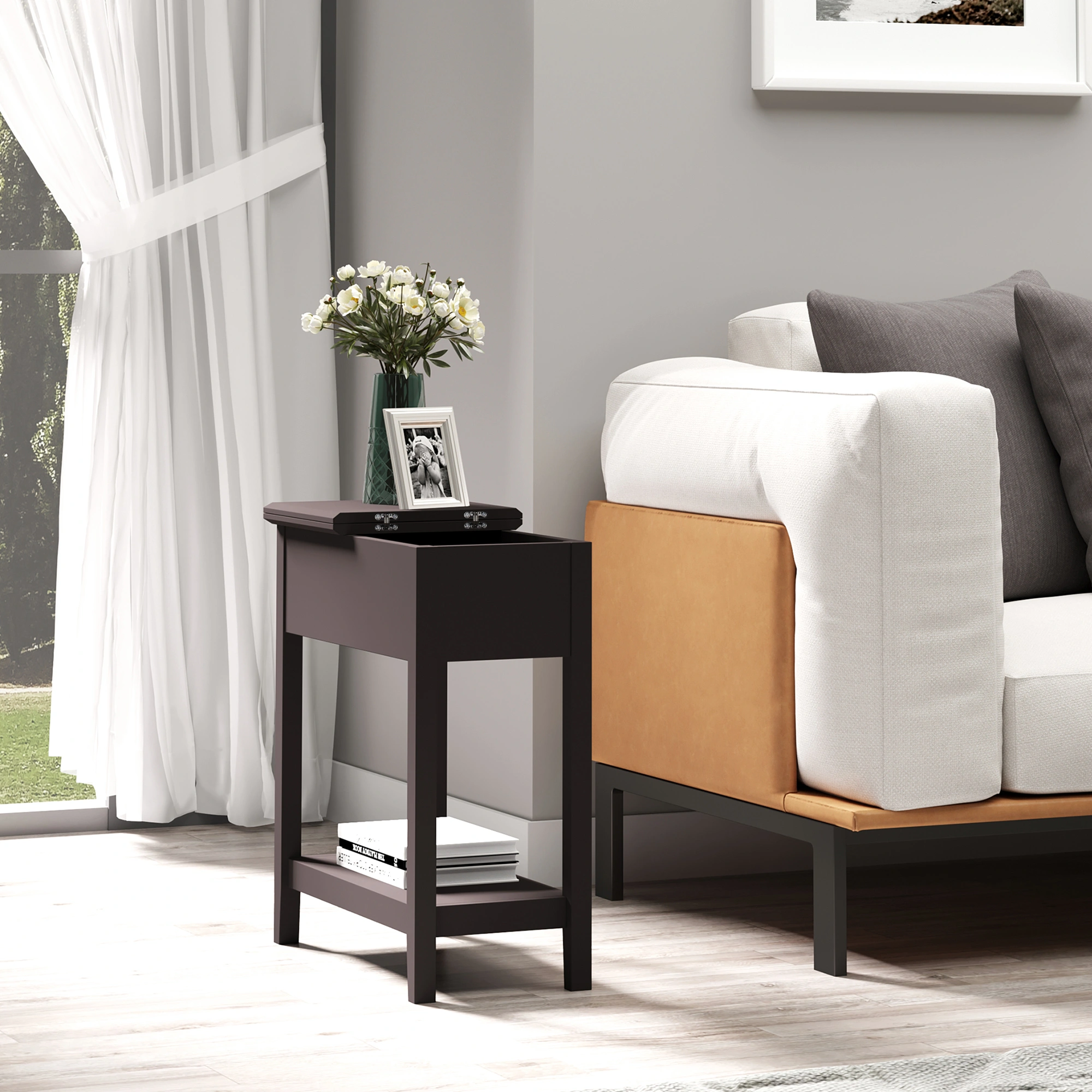 Rattan Coffee Table, Natural Wicker Side Table with Storage Shelf for Living Room