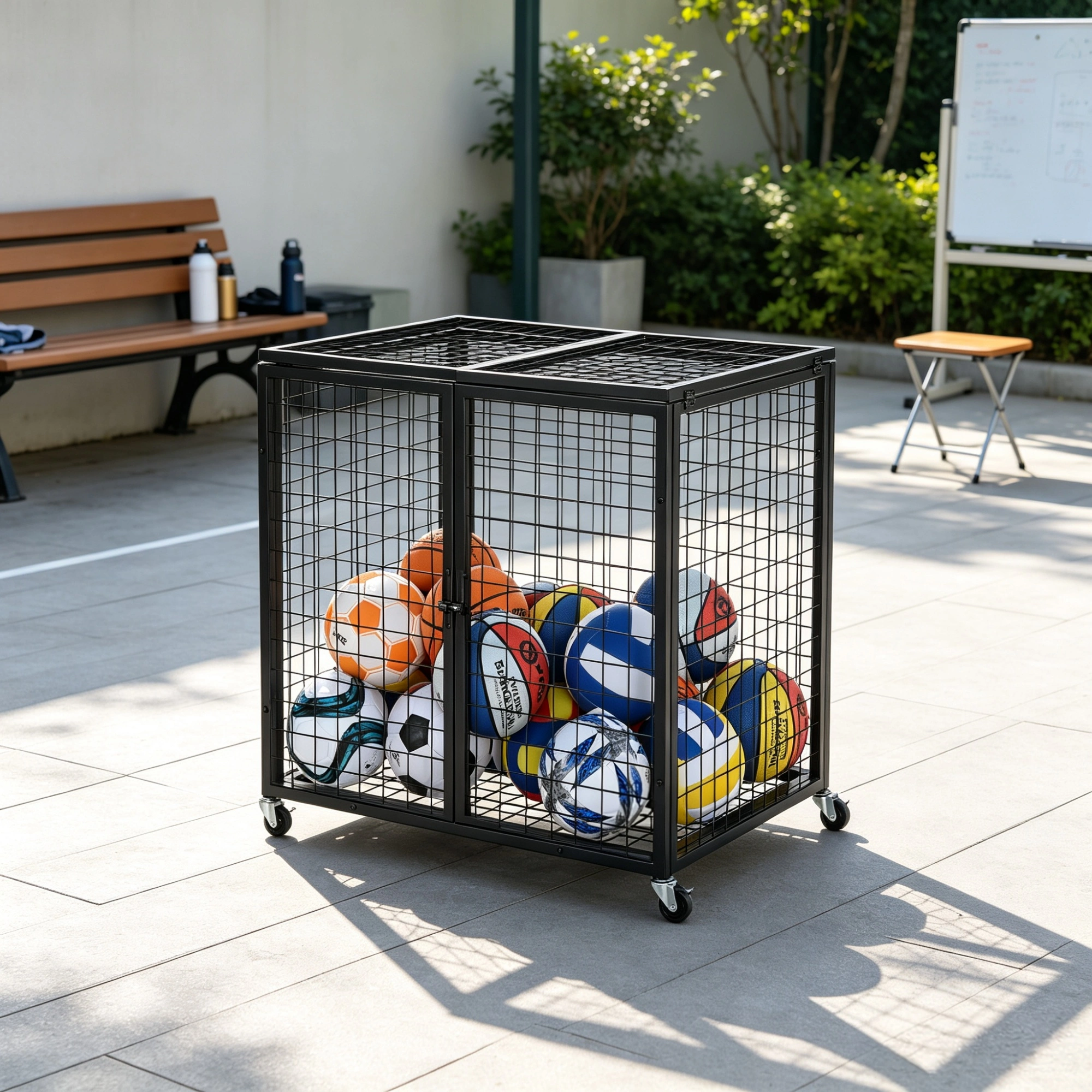 Rolling Sports Ball Storage Cart - Double Lid Basketball Cage, Steel Organizer Rack for Indoor Outdoor Gym School Garage