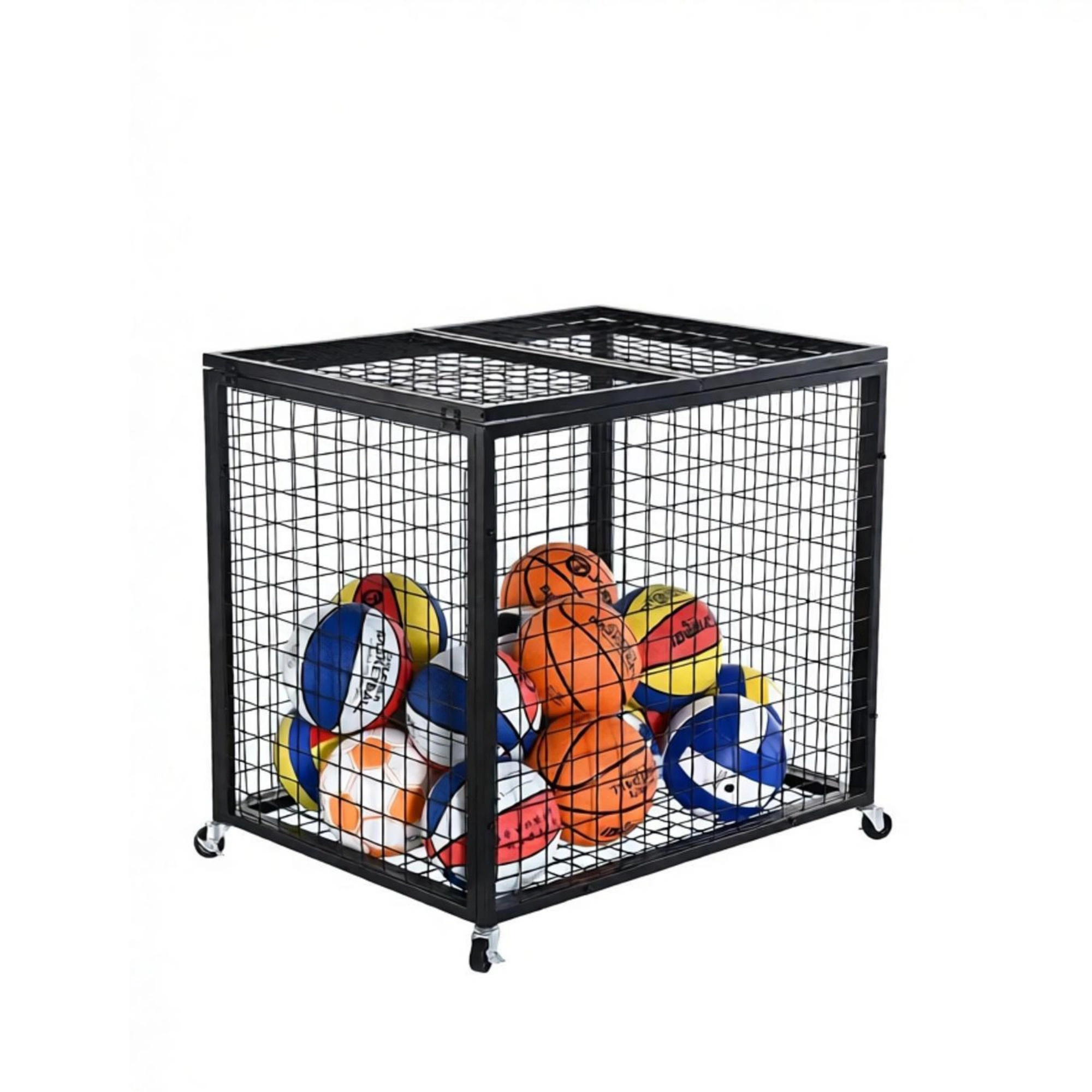 Rolling Sports Ball Storage Cart - Double Lid Basketball Cage, Steel Organizer Rack for Indoor Outdoor Gym School Garage view 2