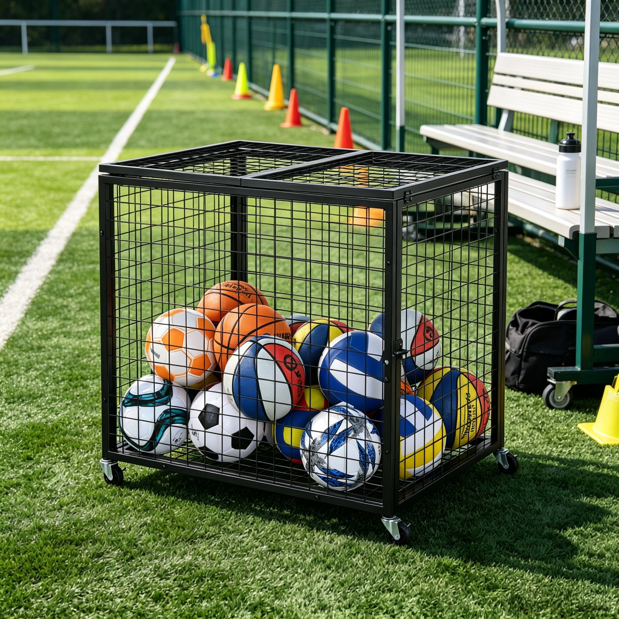 Rolling Sports Ball Storage Cart - Double Lid Basketball Cage, Steel Organizer Rack for Indoor Outdoor Gym School Garage view 5