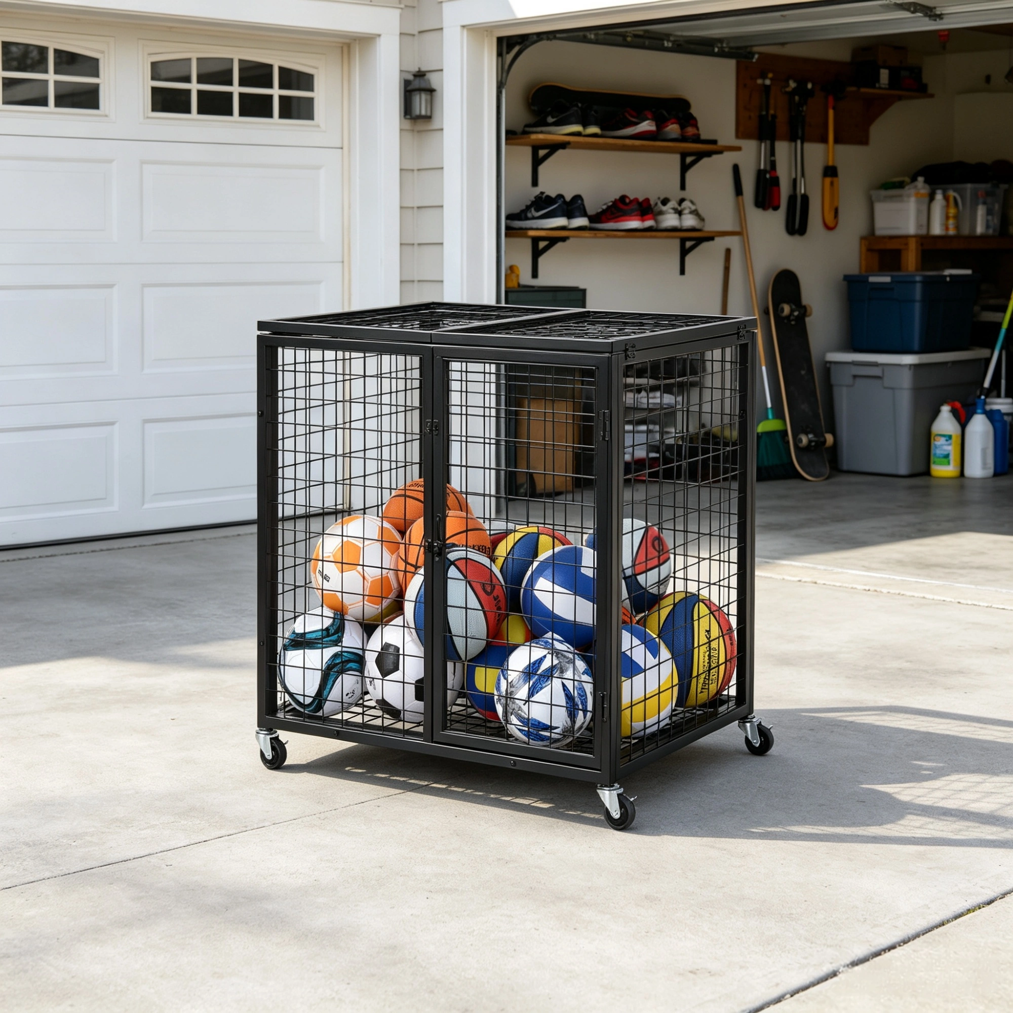 Rolling Sports Ball Storage Cart - Double Lid Basketball Cage, Steel Organizer Rack for Indoor Outdoor Gym School Garage view 6