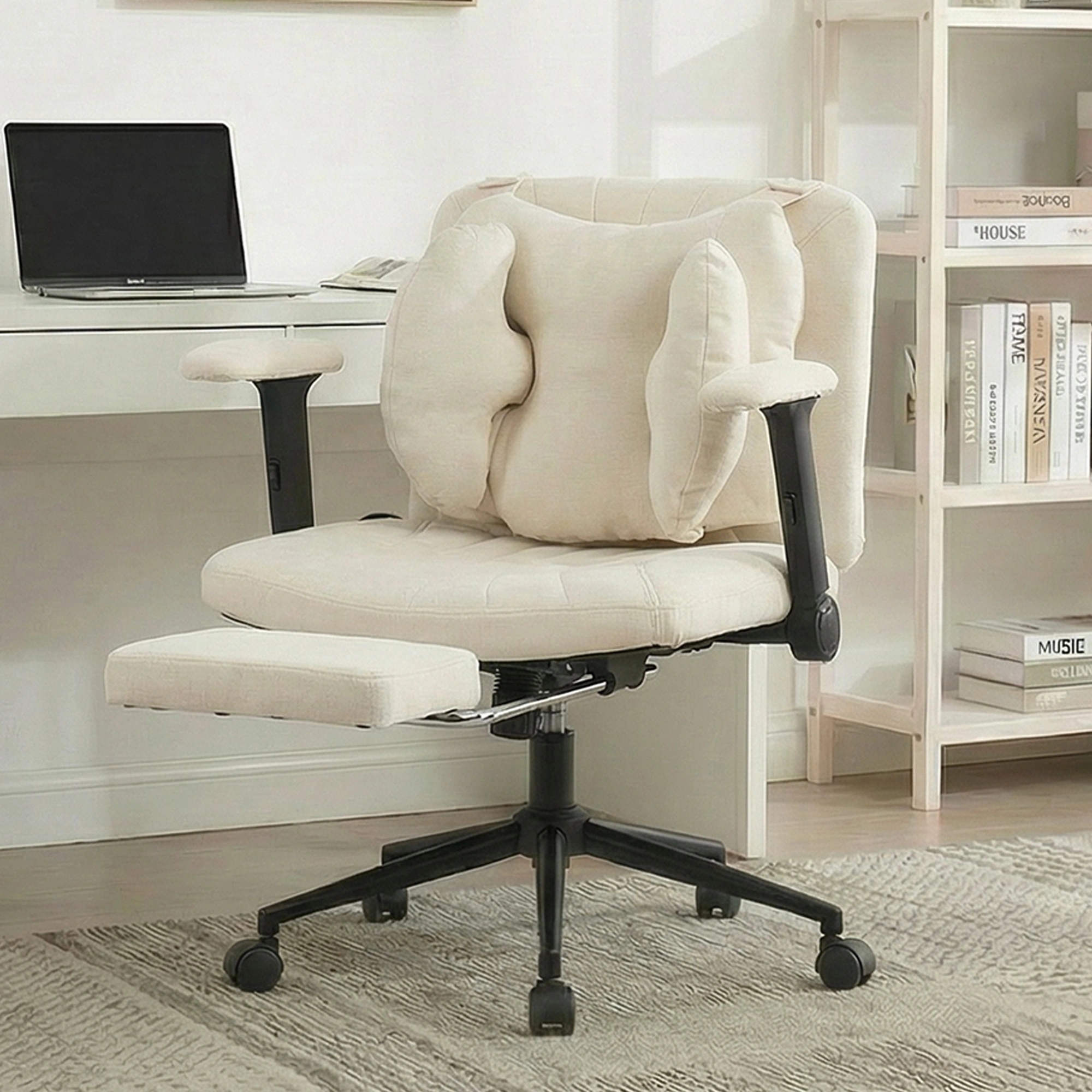 Home office chair, swivel chair, adjustable height desk chair with footrest, gaming chair with armrests, casters, for home office, beige