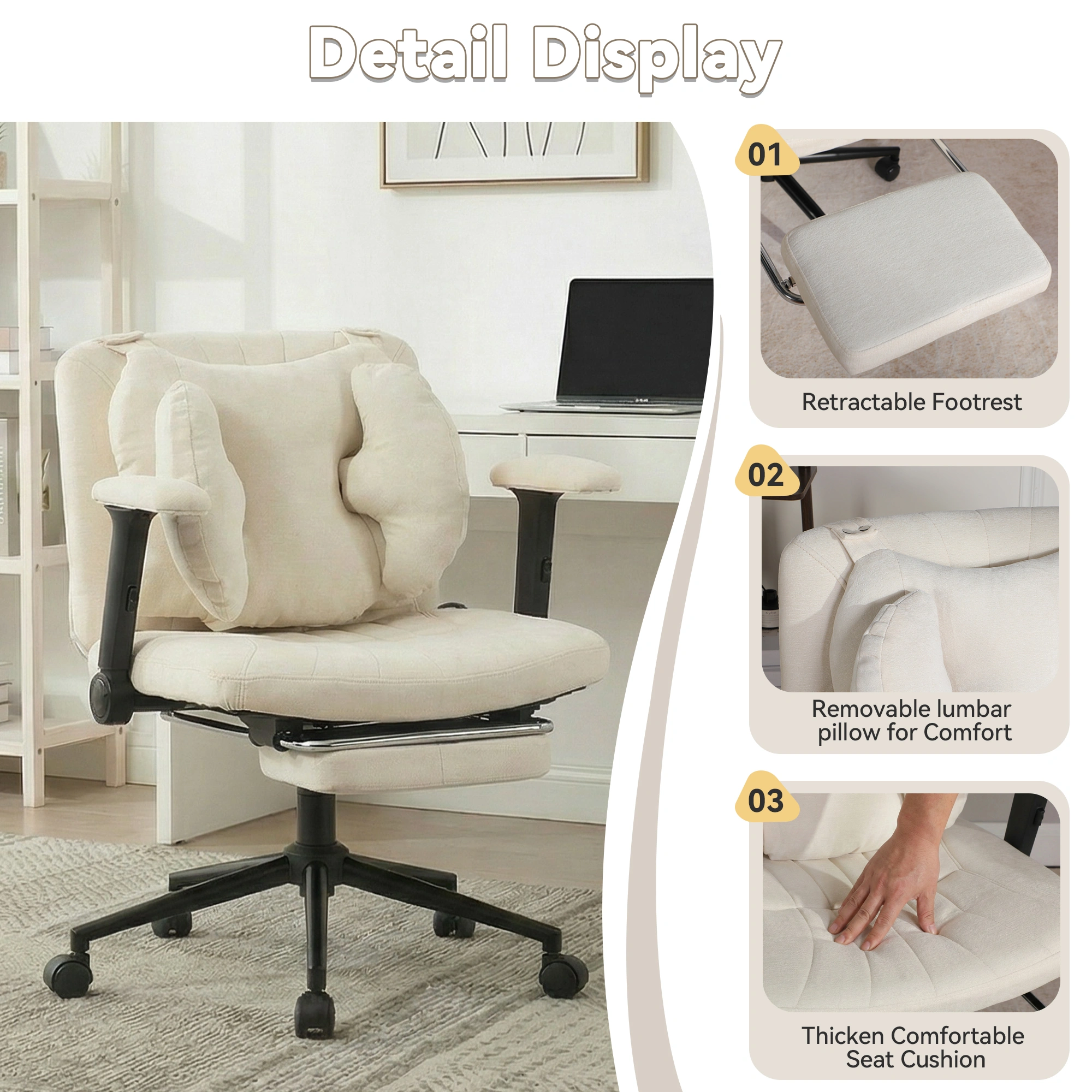 Home office chair, swivel chair, adjustable height desk chair with footrest, gaming chair with armrests, casters, for home office, beige view 5