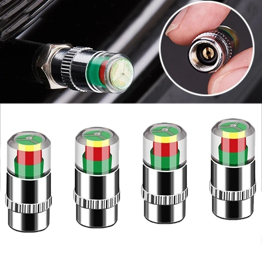 4x Car Tire Valve Stem Caps, Wheel Dust Covers with Pressure Sensor Monitor, Rubber Air Cap Accessories