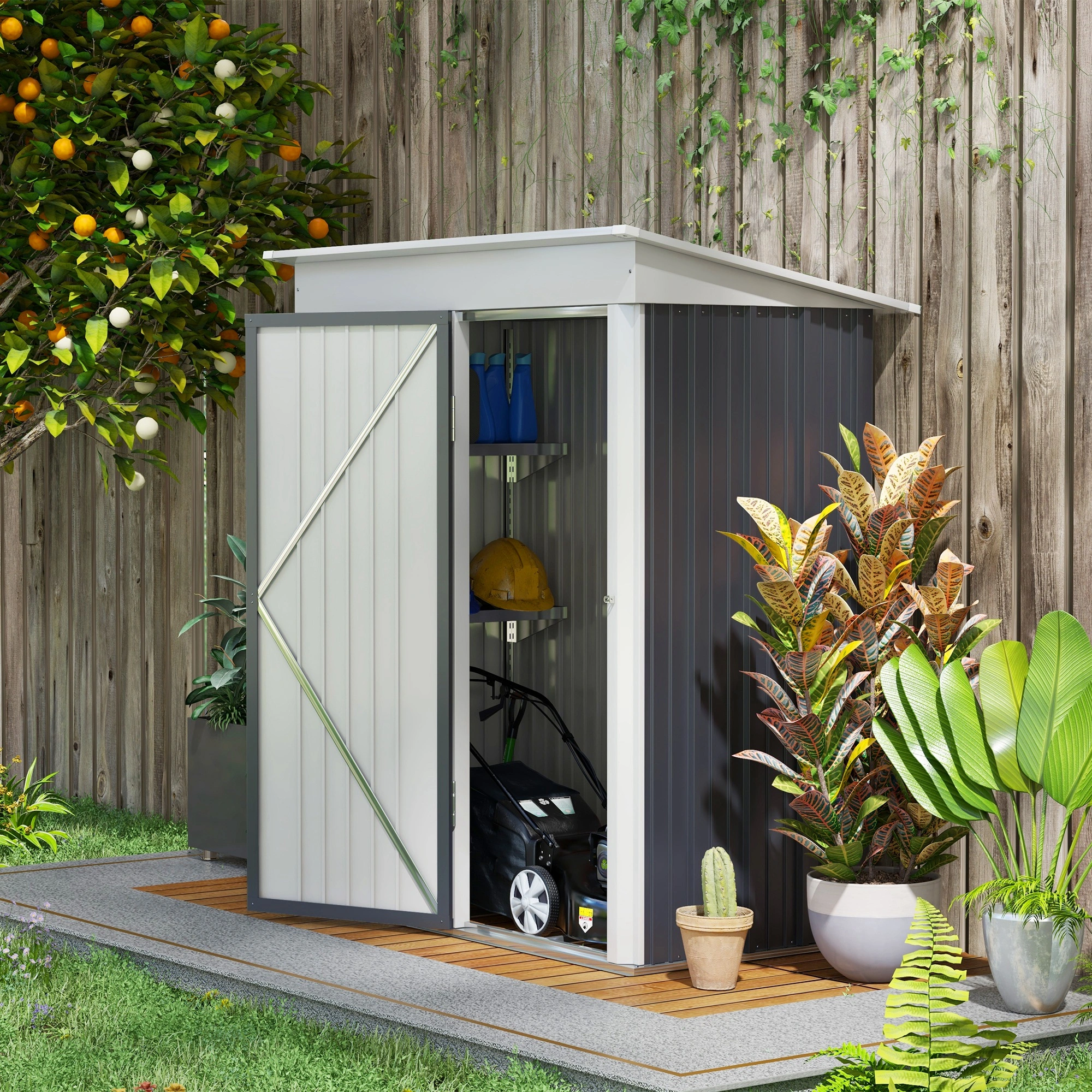 Outdoor Garden Shed 8x6 ft Walk Through Storage Building with Lockable Doors, Metal Roof, Heavy Duty Steel Frame for Tools & Equipment
