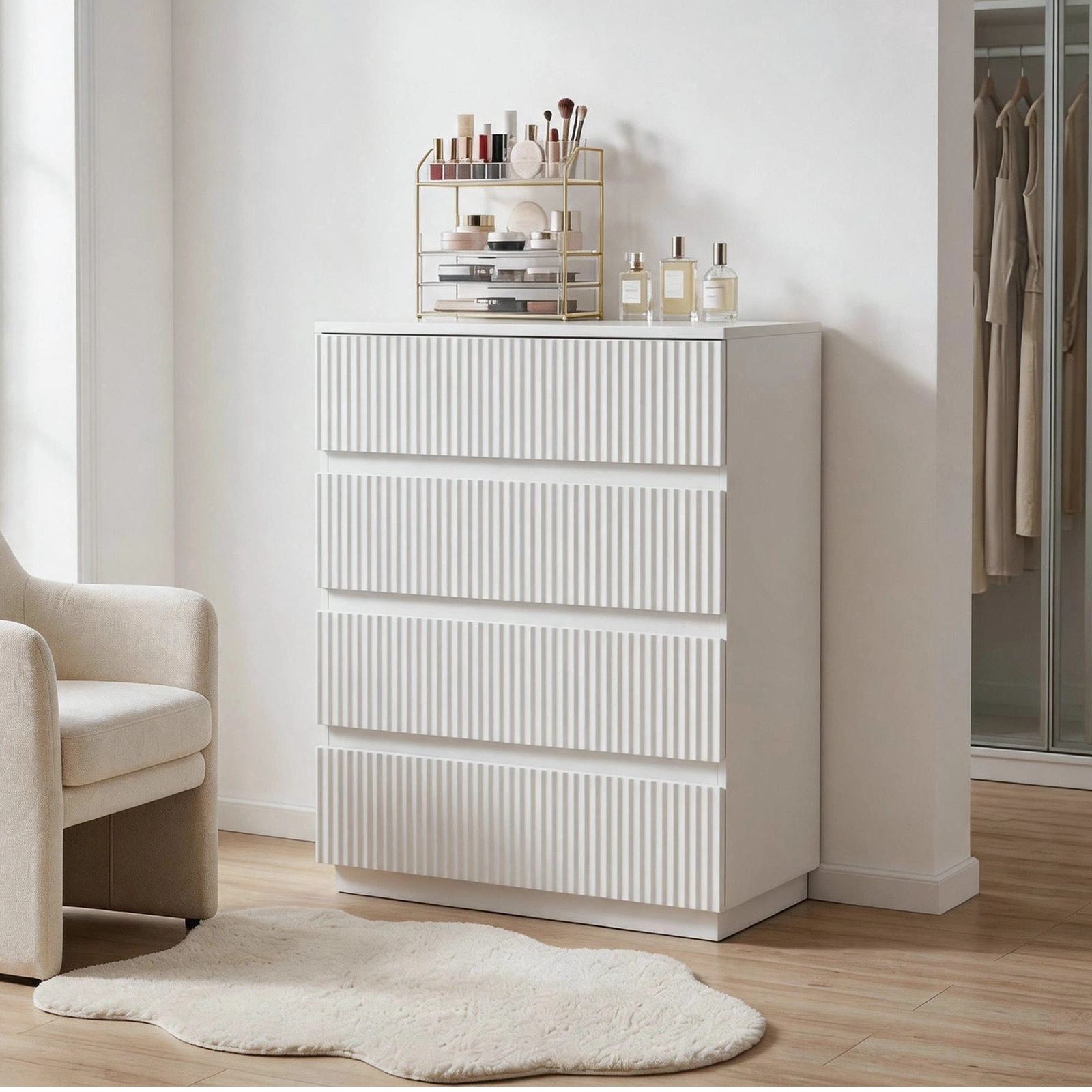 Handleless Grille-Finished 4-Drawer Bedside Table P2 Particleboard + MDF & Melamine Veneer + Thermoformed Drawer Dresser 23.62*14.96*30.71in White