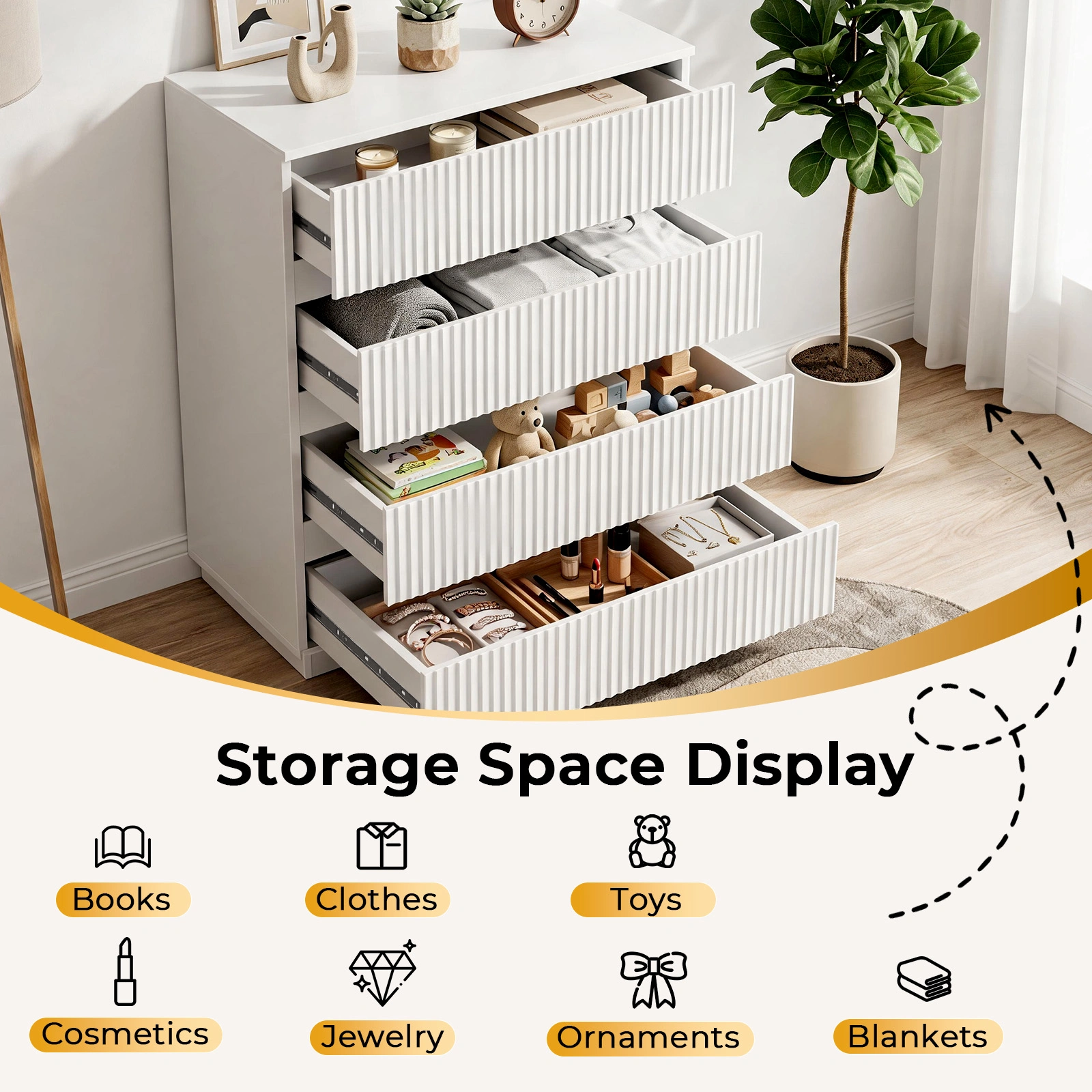 Handleless Grille-Finished 4-Drawer Bedside Table P2 Particleboard + MDF & Melamine Veneer + Thermoformed Drawer Dresser 23.62*14.96*30.71in White view 11