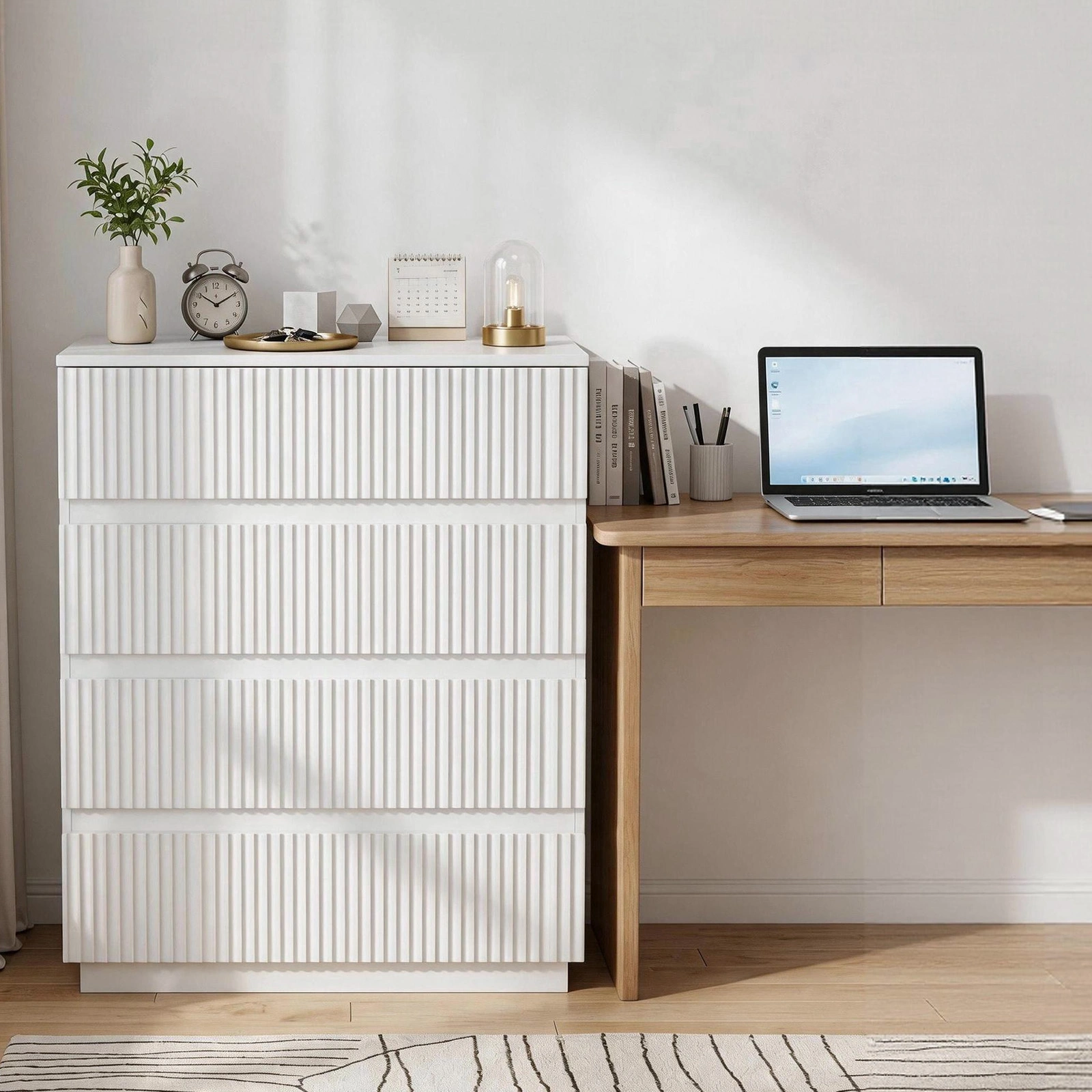 Handleless Grille-Finished 4-Drawer Bedside Table P2 Particleboard + MDF & Melamine Veneer + Thermoformed Drawer Dresser 23.62*14.96*30.71in White view 13
