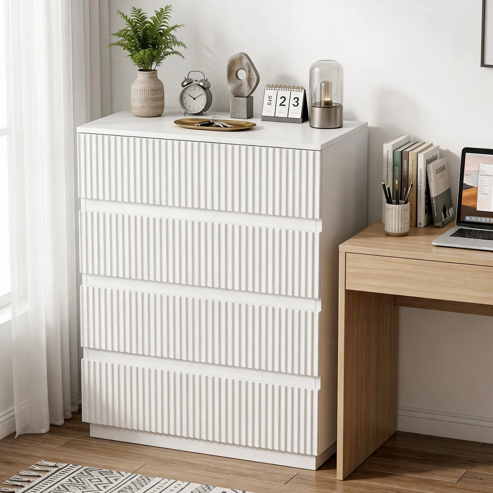 Handleless Grille-Finished 4-Drawer Bedside Table P2 Particleboard + MDF & Melamine Veneer + Thermoformed Drawer Dresser 23.62*14.96*30.71in White view 16