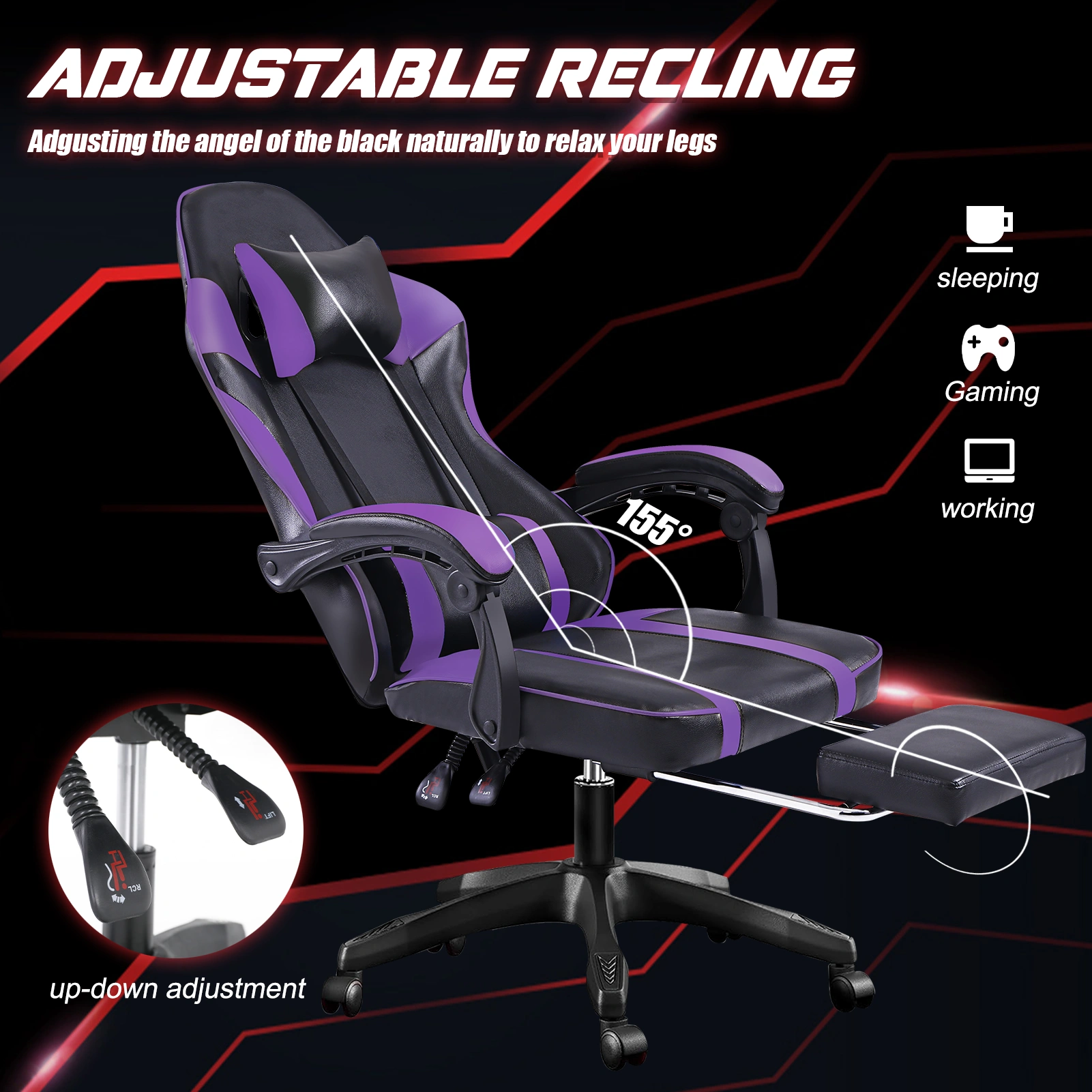 Ergonomic Gaming Chair with Footrest - High Back Recliner Computer Desk Chair for Heavy Adults, Adjustable Lumbar, 360 Swivel, PU Leather view 3