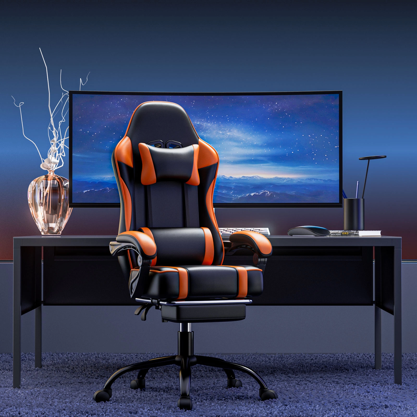 Gaming Chair with Footrest and Lumbar Support, Ergonomic High Back Computer Chair with Adjustable Height and Headrest for Office Desk view 3