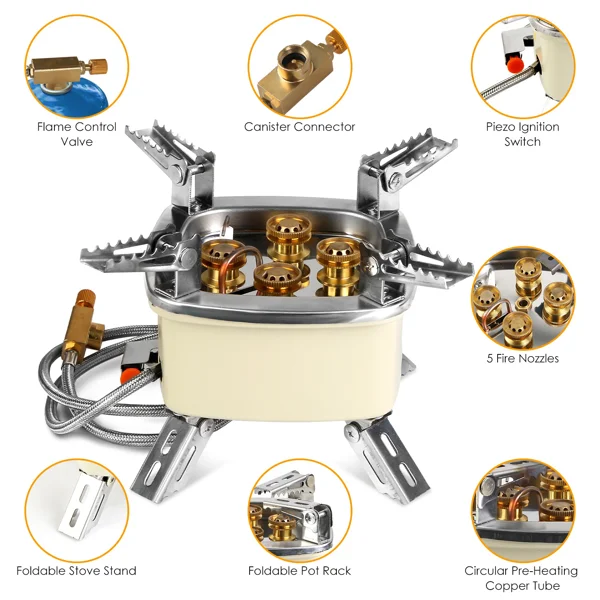 13KW Stepless Adjustable Camping Gas Stove Windproof 5 Burner Head Copper Preheating Tube, Piezo Ignition Compatible with Butane Propane ISO Canister Foldable Design with 33.5in Hose Storage Bag view 2