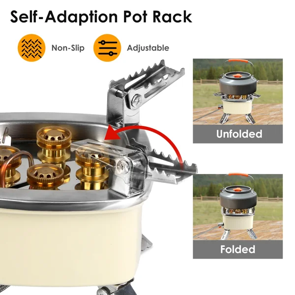 13KW Stepless Adjustable Camping Gas Stove Windproof 5 Burner Head Copper Preheating Tube, Piezo Ignition Compatible with Butane Propane ISO Canister Foldable Design with 33.5in Hose Storage Bag view 3
