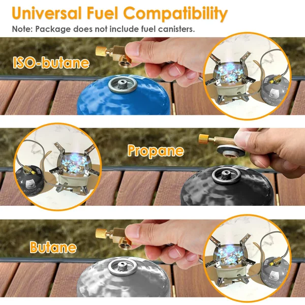 13KW Stepless Adjustable Camping Gas Stove Windproof 5 Burner Head Copper Preheating Tube, Piezo Ignition Compatible with Butane Propane ISO Canister Foldable Design with 33.5in Hose Storage Bag view 4