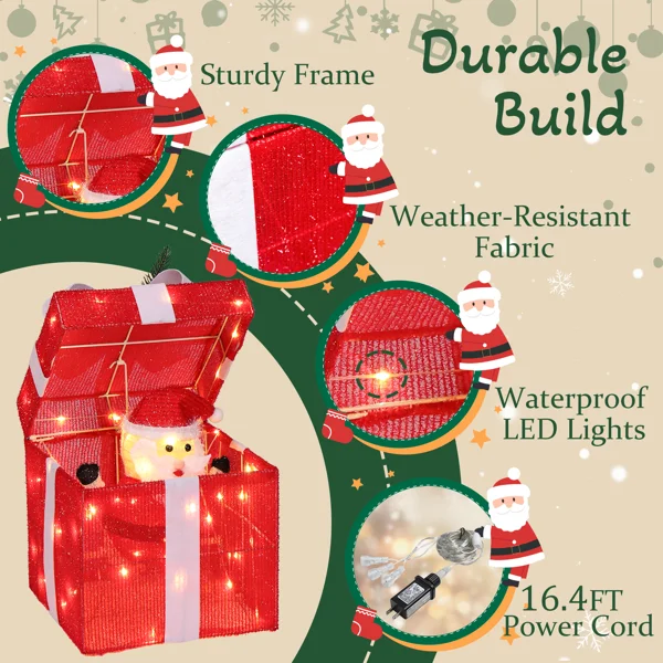 12in Motorized Pop-up Gift Box with Santa, Outdoor Christmas Decorations with Motor & 60 LED Lights, for Xmas Outdoor Holiday Indoor Decor Lighted Holiday Displays view 5