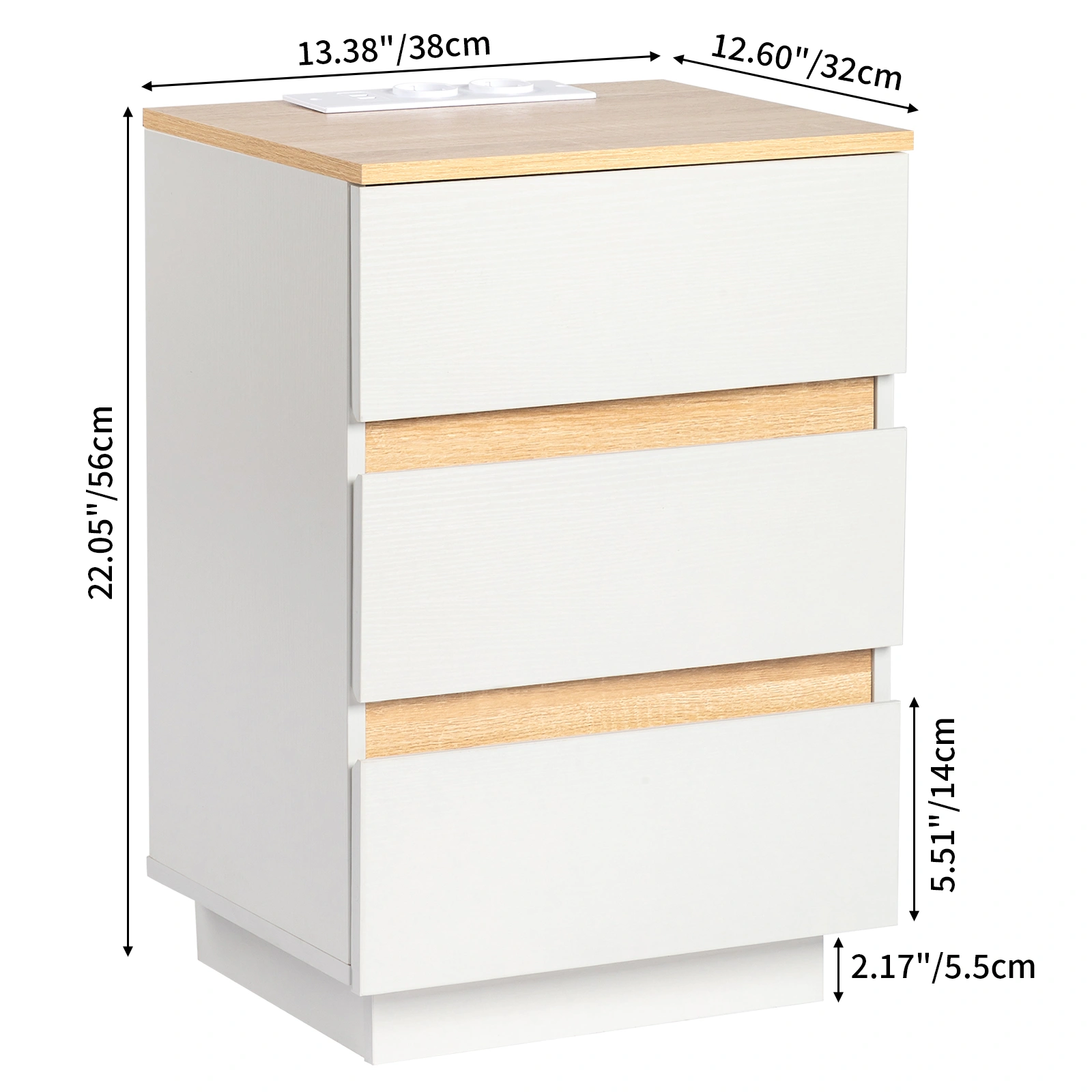 2pcs 3-Drawer Bedside Table, 38×32×56cm Night Stand, E1 Particleboard White & Oak Embossed Melamine, Handle-Free, European Socket view 3