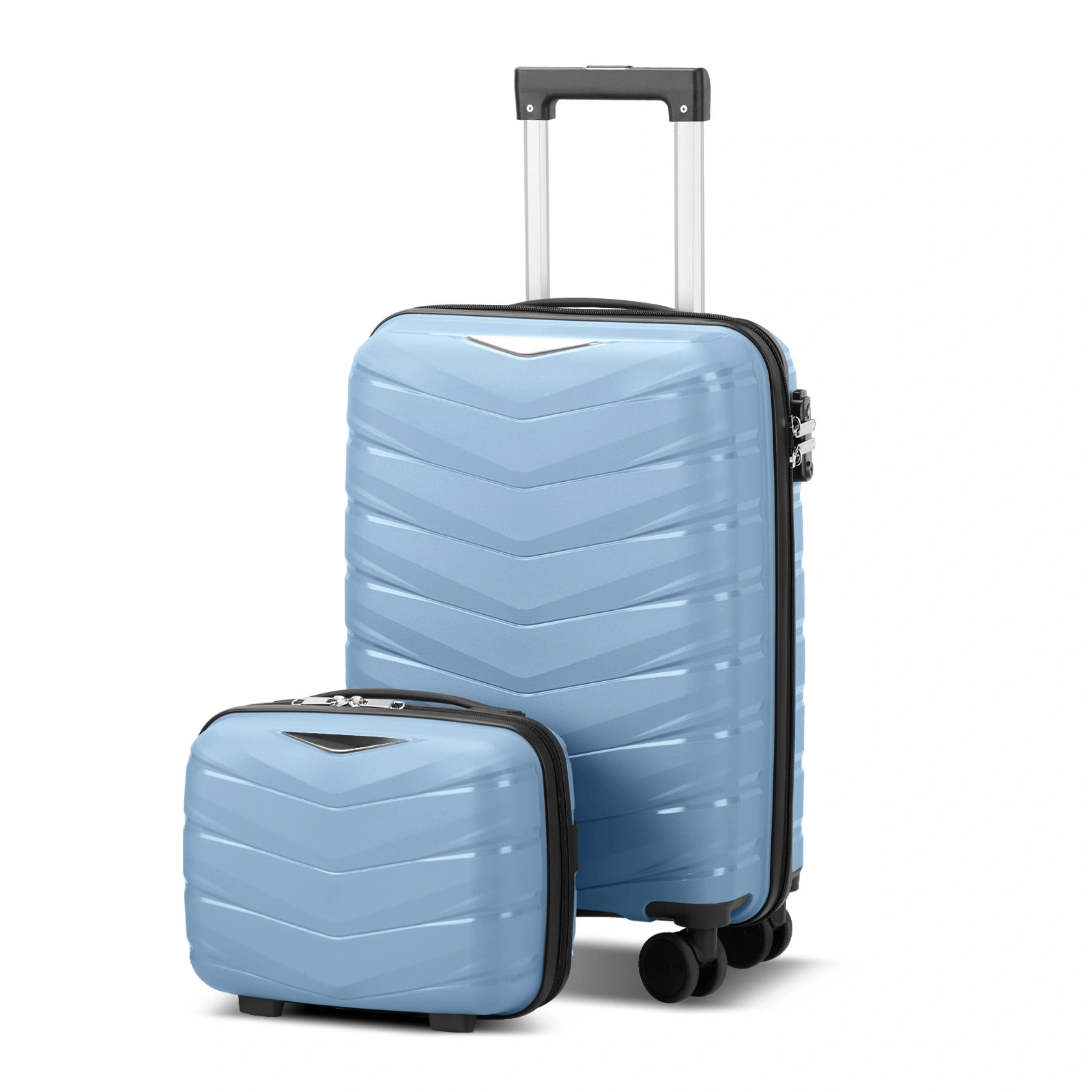 2 Piece PP Luggage Set 14in 20in Sky Blue Grain Pattern V-Stripe Design with Iron Trolley Handle