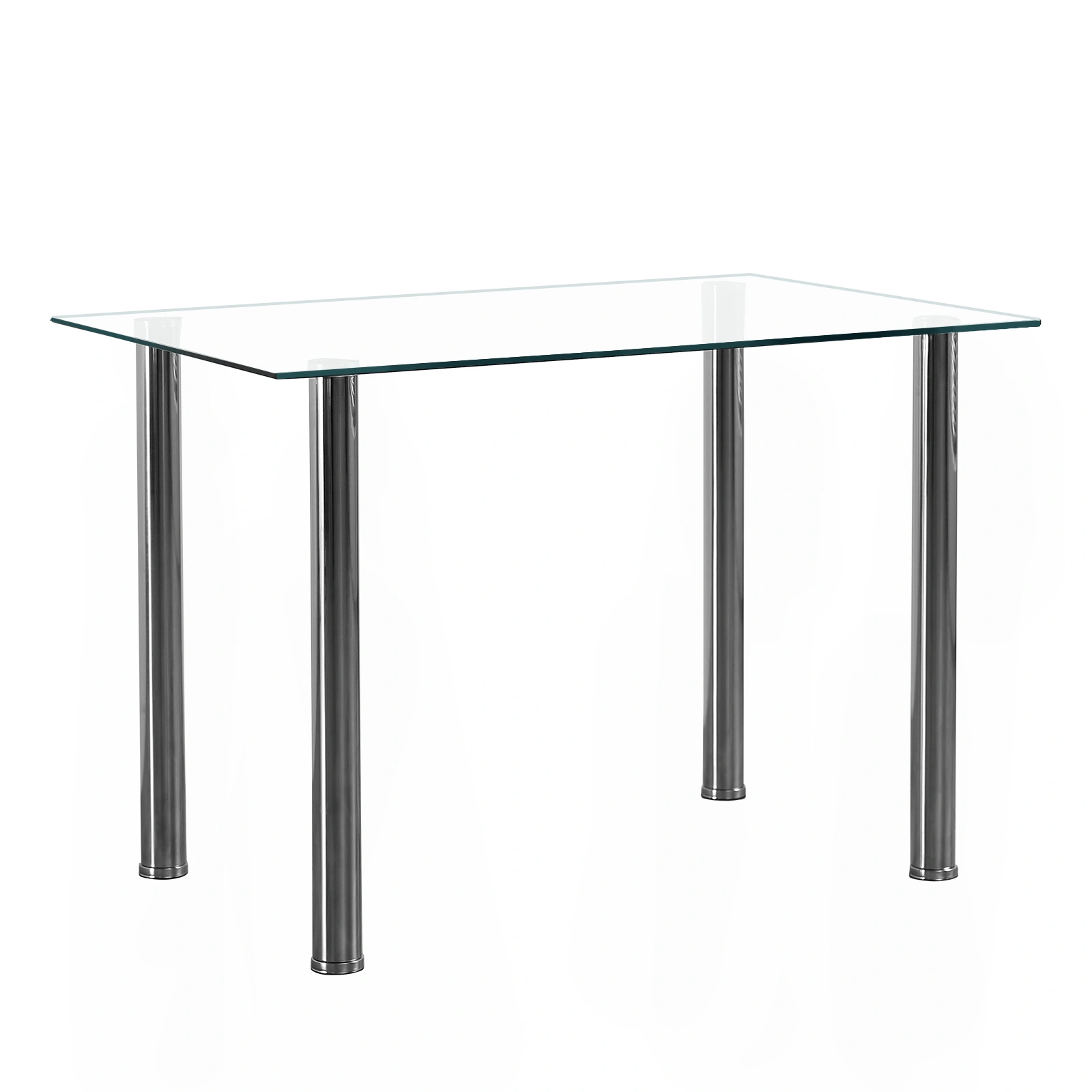 4-seat simple rectangular cylindrical leg table tempered glass stainless steel clear glass 110 * 70 * 75cm