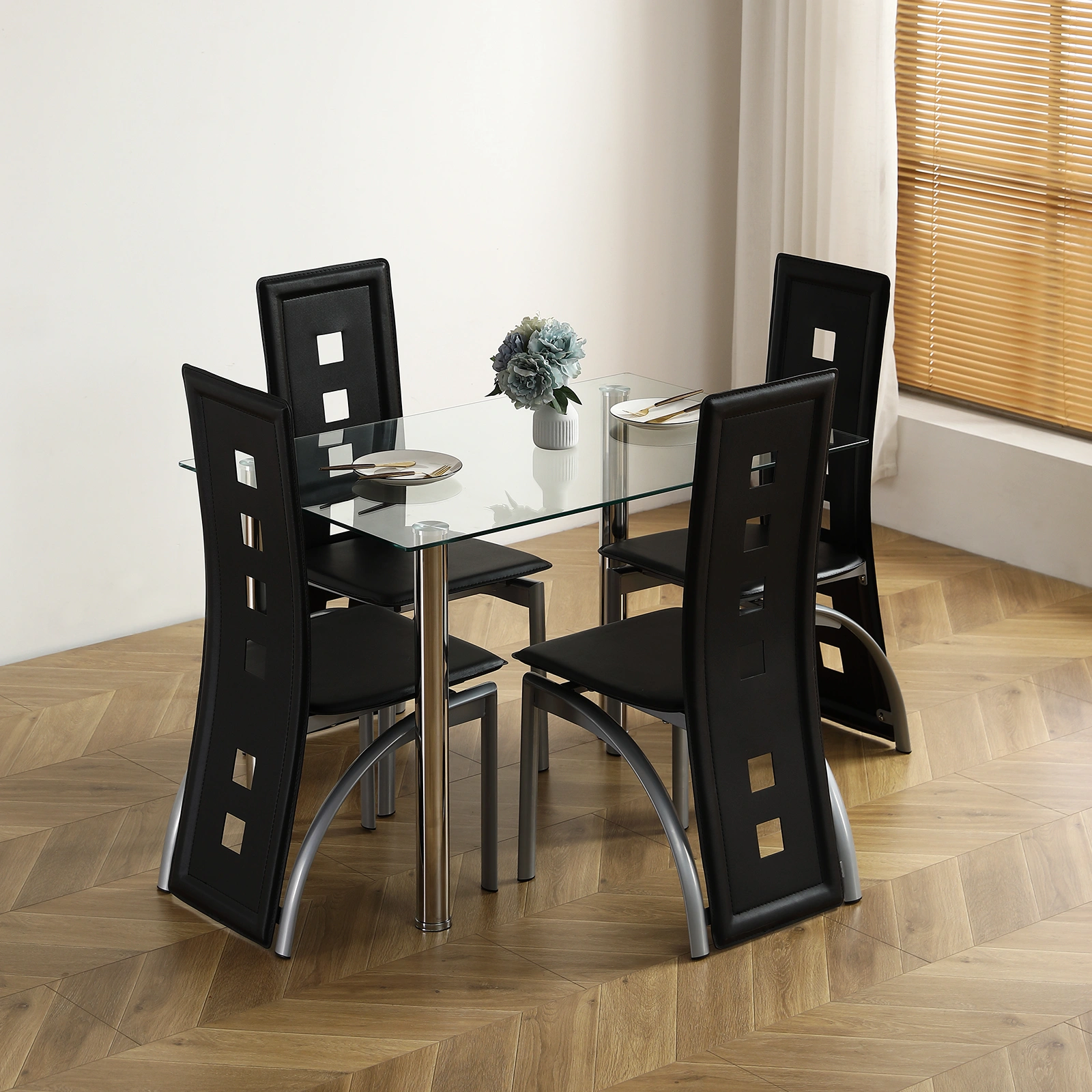 4-seat simple rectangular cylindrical leg table tempered glass stainless steel clear glass 110 * 70 * 75cm view 12