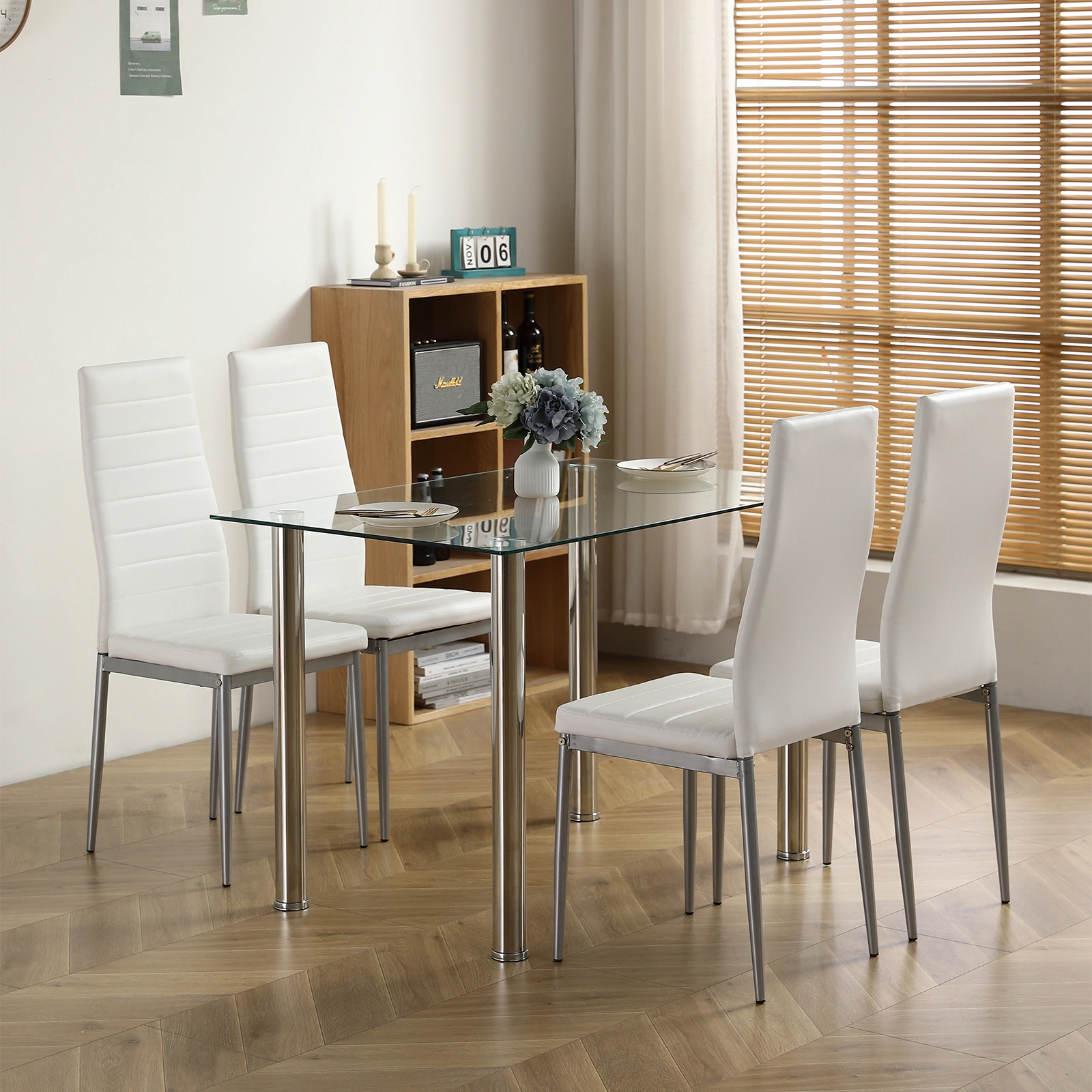 4-seat simple rectangular cylindrical leg table tempered glass stainless steel clear glass 110 * 70 * 75cm view 14