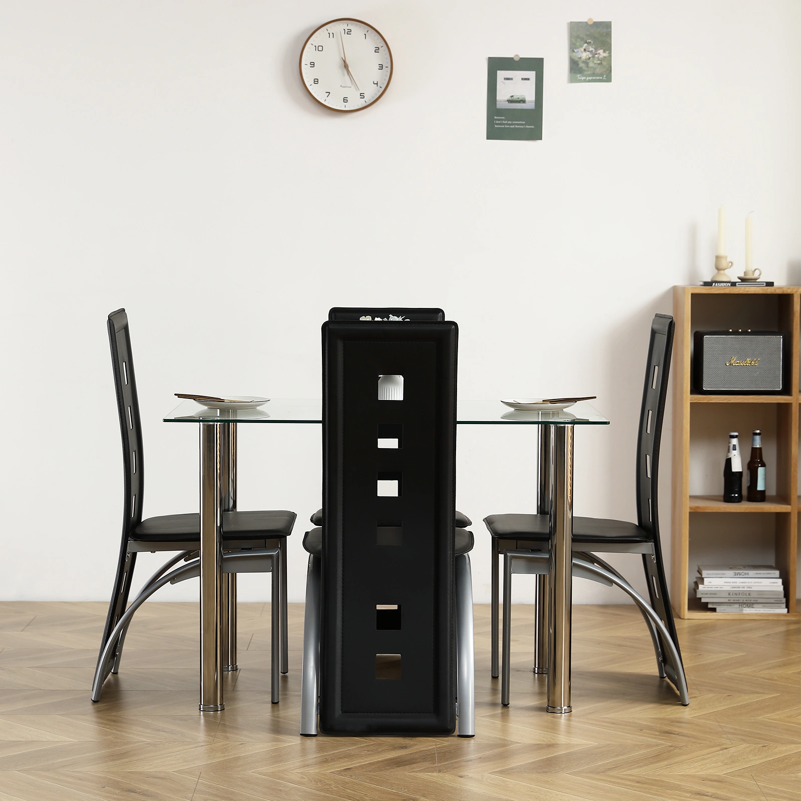 4-seat simple rectangular cylindrical leg table tempered glass stainless steel clear glass 110 * 70 * 75cm view 15