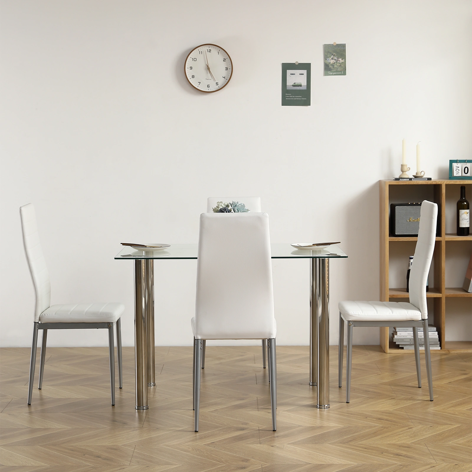 4-seat simple rectangular cylindrical leg table tempered glass stainless steel clear glass 110 * 70 * 75cm view 17