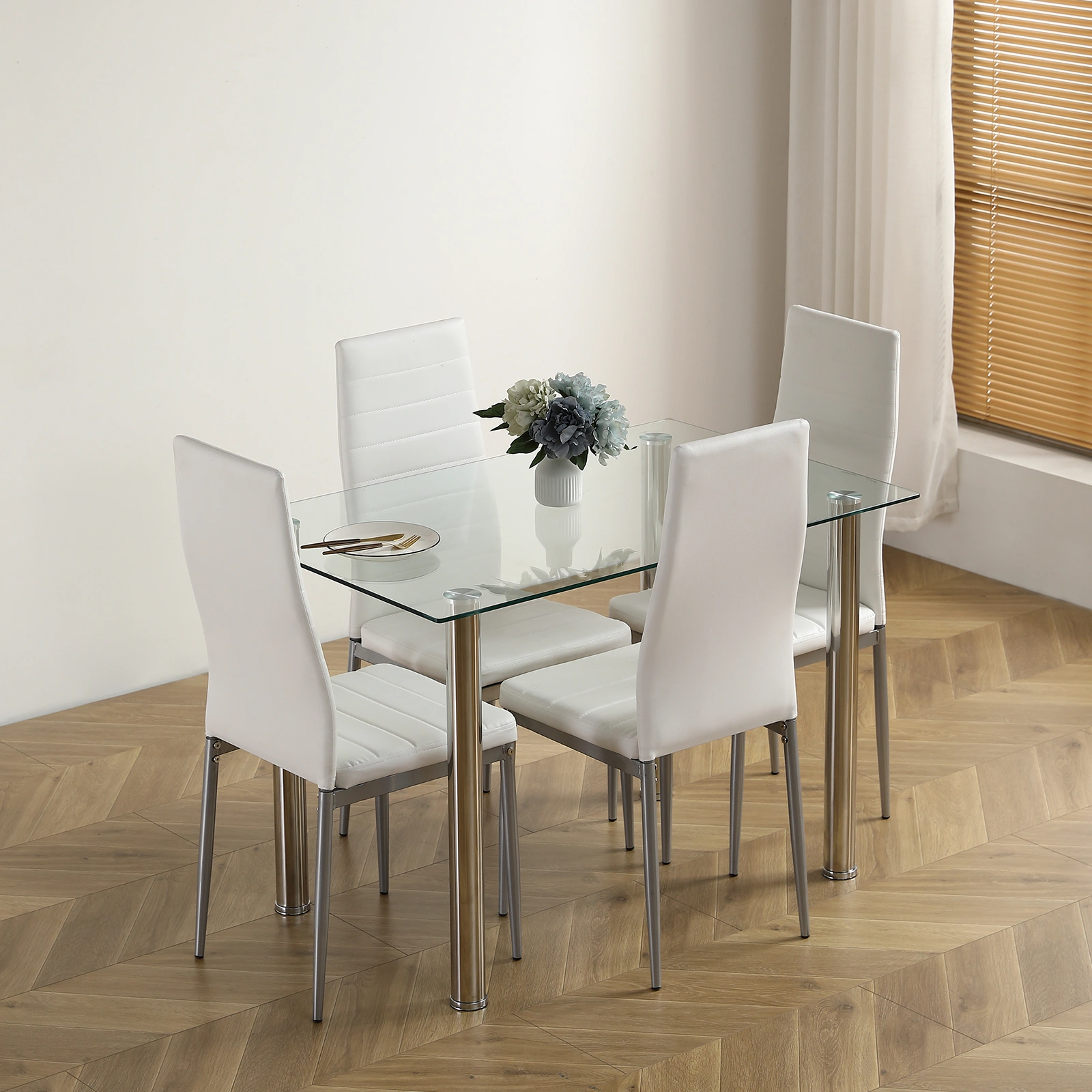 4-seat simple rectangular cylindrical leg table tempered glass stainless steel clear glass 110 * 70 * 75cm view 18