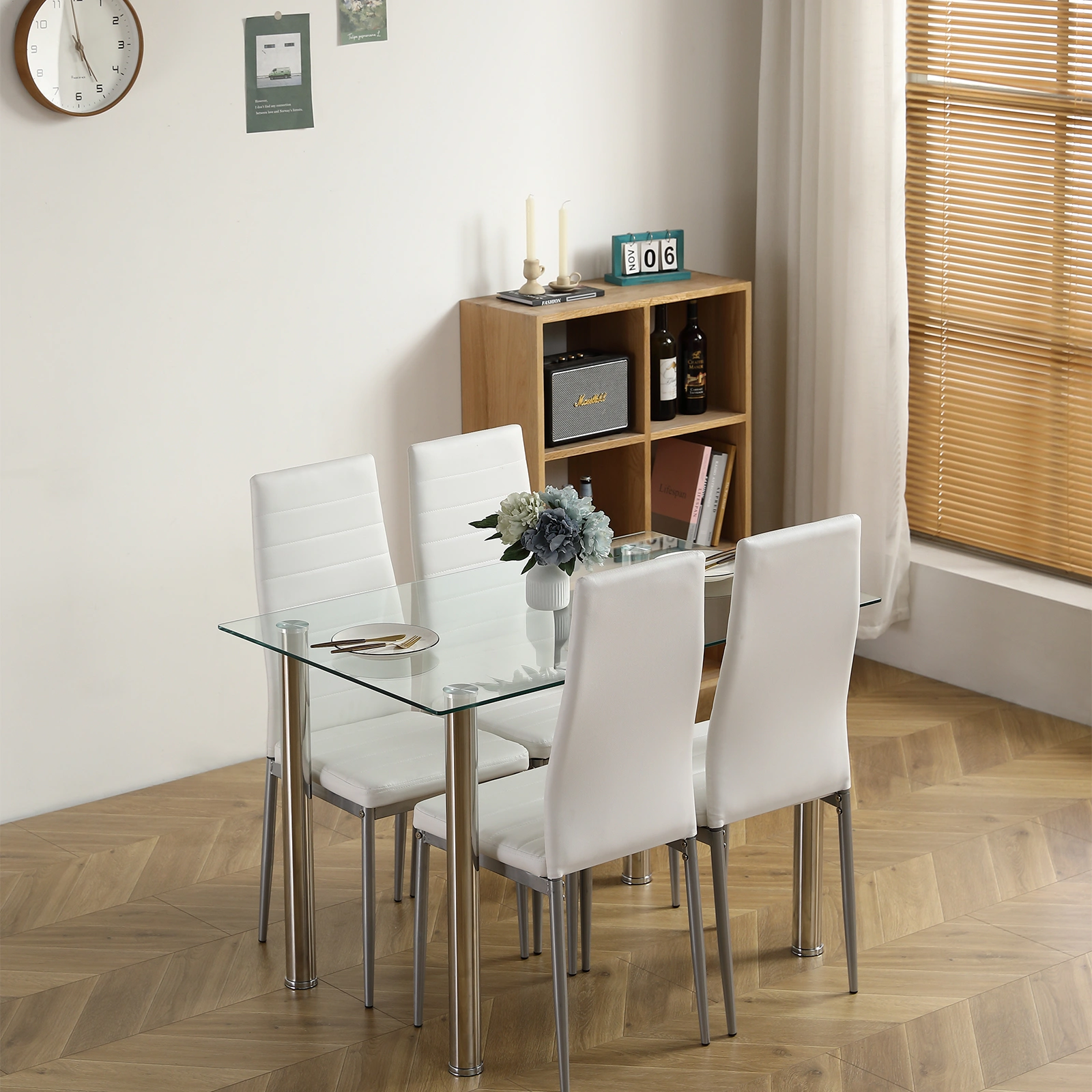 4-seat simple rectangular cylindrical leg table tempered glass stainless steel clear glass 110 * 70 * 75cm view 20