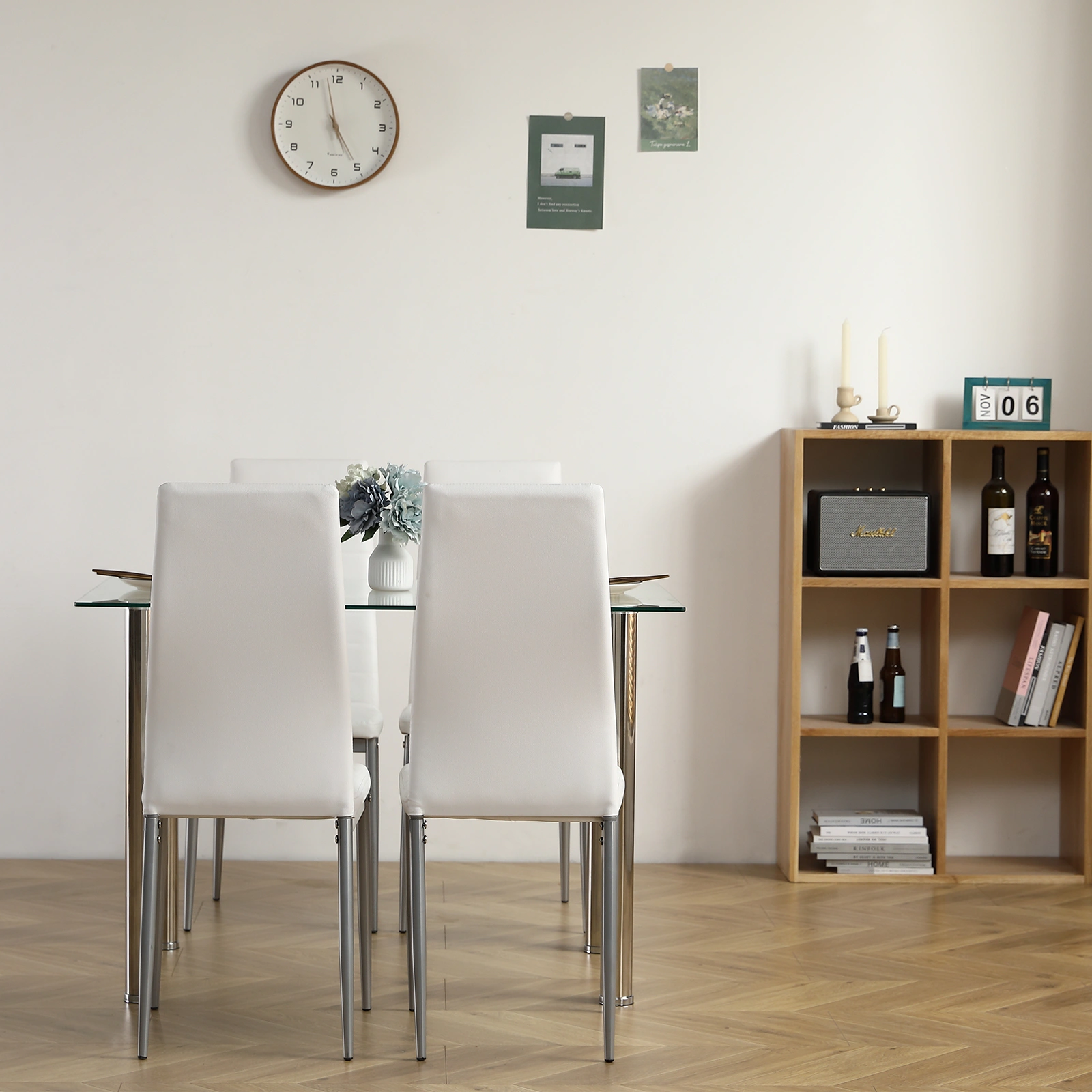 4-seat simple rectangular cylindrical leg table tempered glass stainless steel clear glass 110 * 70 * 75cm view 9