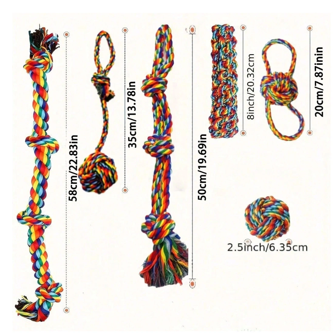 6PC Rainbow Dog Rope Toys Set, Durable Teeth Cleaning Knot Chew Toys for Small Medium Large Dogs