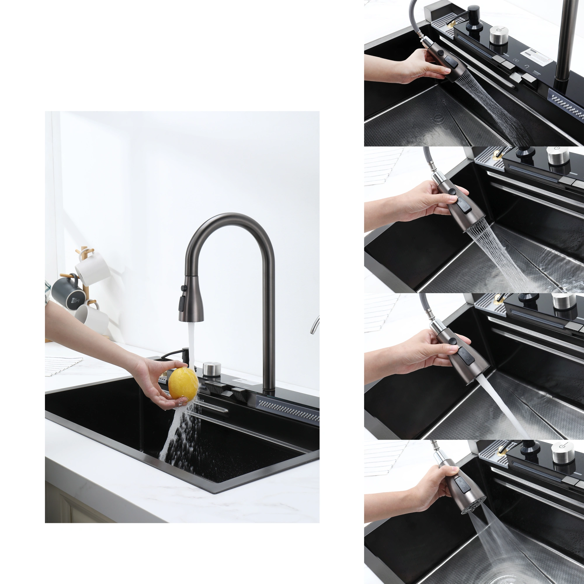 304 Stainless Steel Kitchen Sink 30"x18" Single Bowl with Pull-Out Faucet, Black Whale Waterfall Finish view 2