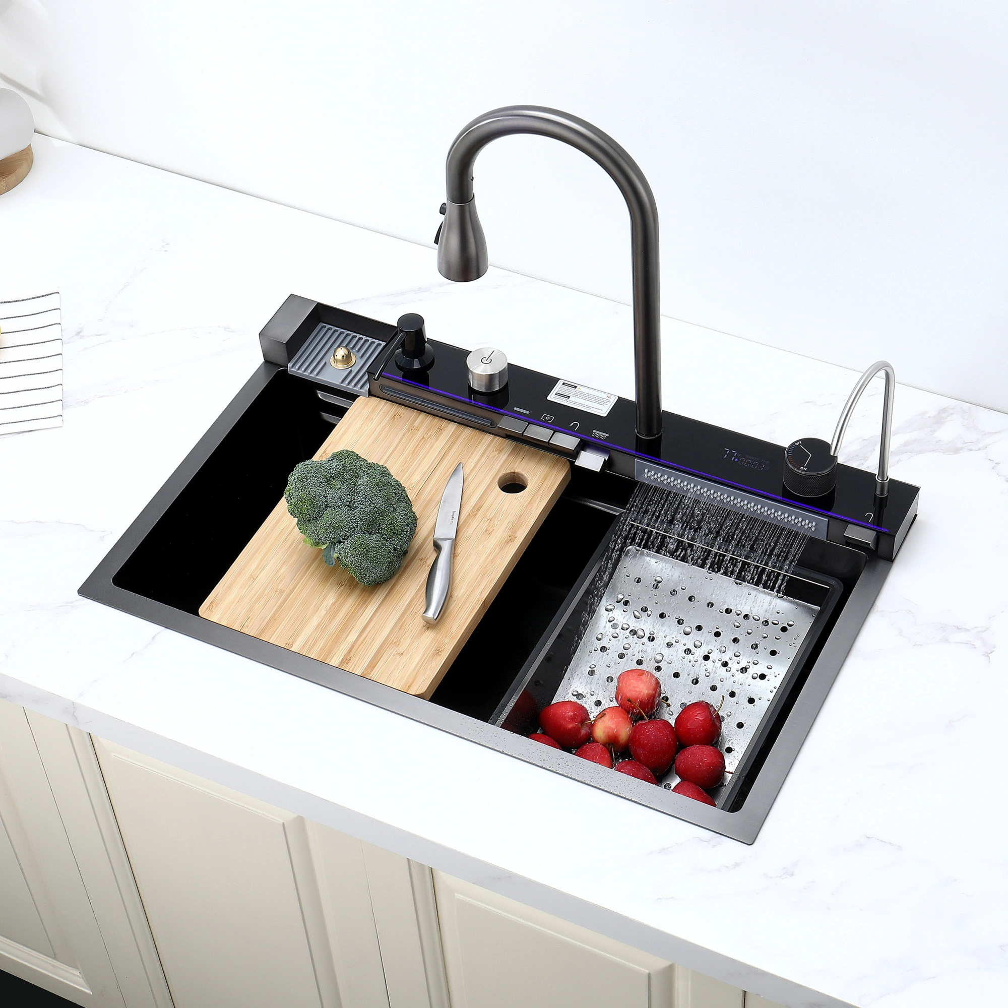 304 Stainless Steel Kitchen Sink 30"x18" Single Bowl with Pull-Out Faucet, Black Whale Waterfall Finish view 5