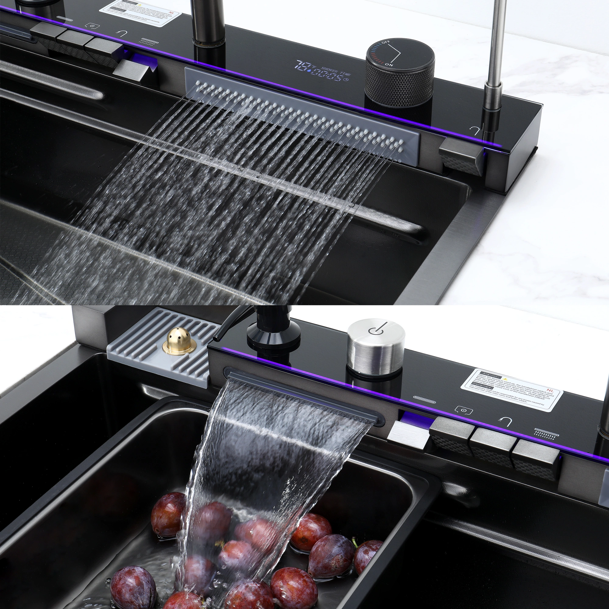304 Stainless Steel Kitchen Sink 30"x18" Single Bowl with Pull-Out Faucet, Black Whale Waterfall Finish view 8