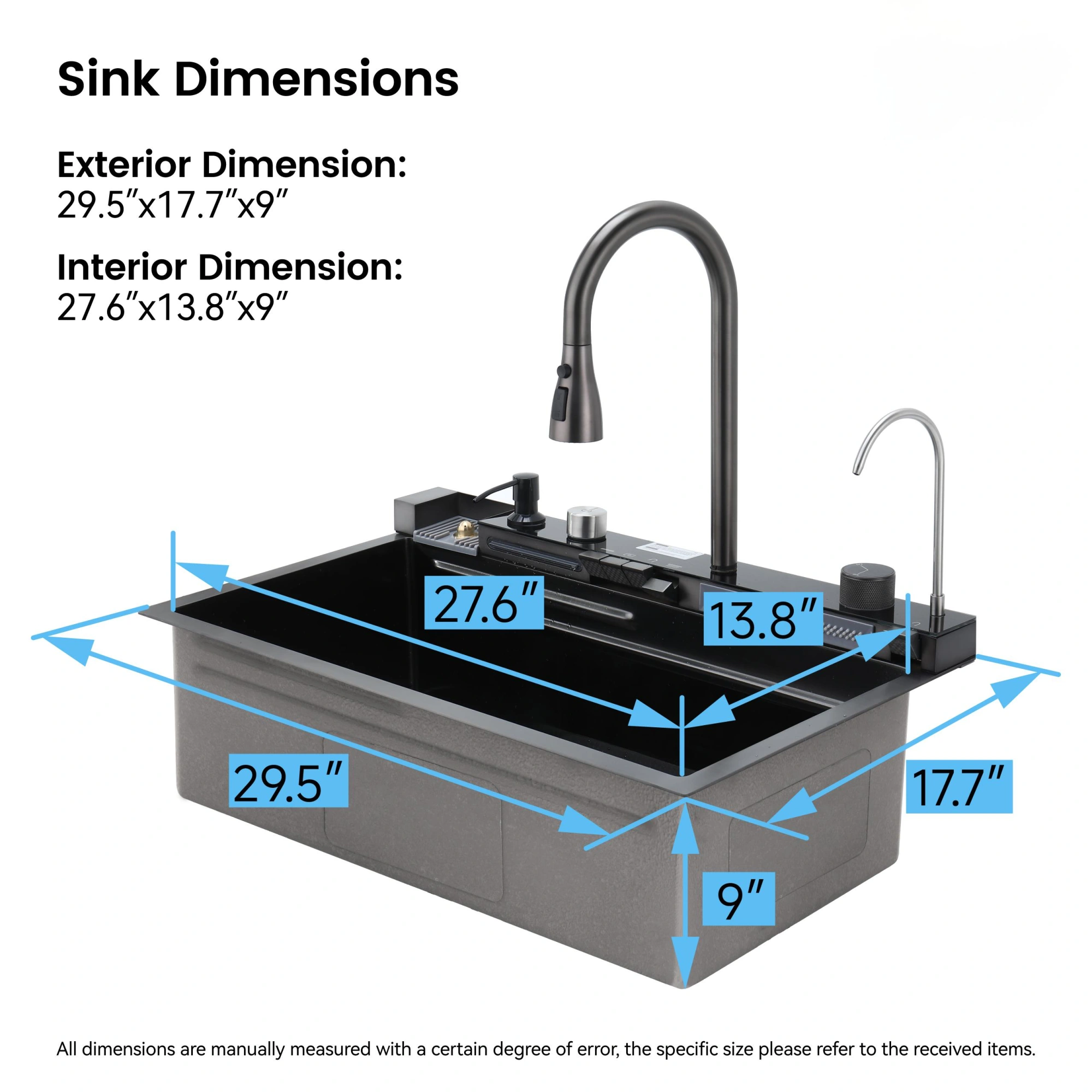 304 Stainless Steel Kitchen Sink 30"x18" Single Bowl with Pull-Out Faucet, Black Whale Waterfall Finish view 9