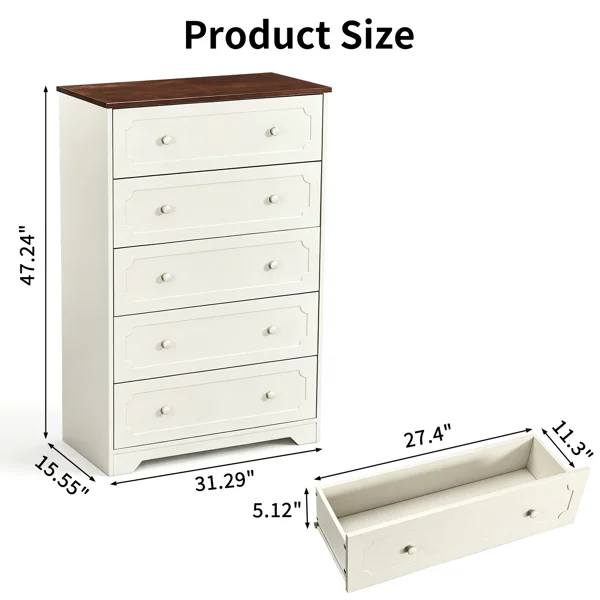 5-Drawer Cabinet with Solid Wood Veneer and Paint P2 MDF + P2 Particleboard Storage Cabinet 31.3*15.55*47.24in Dark brown Ceiling Panels + Light Brown Cabinets view 5