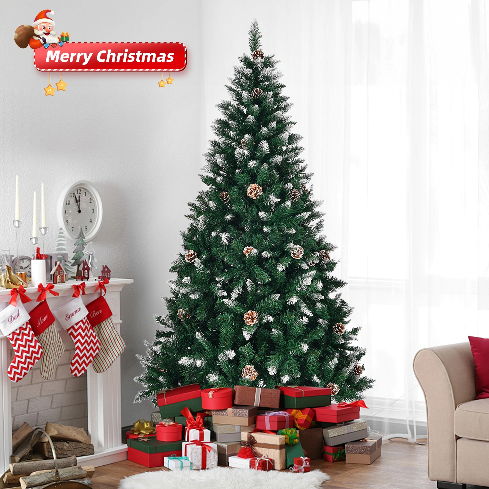 5 FT Artificial Snow Tipped Christmas Tree with Pine Cones, 700 Branch Tips, Unlit Holiday Tree with Sturdy Metal Stand view 3